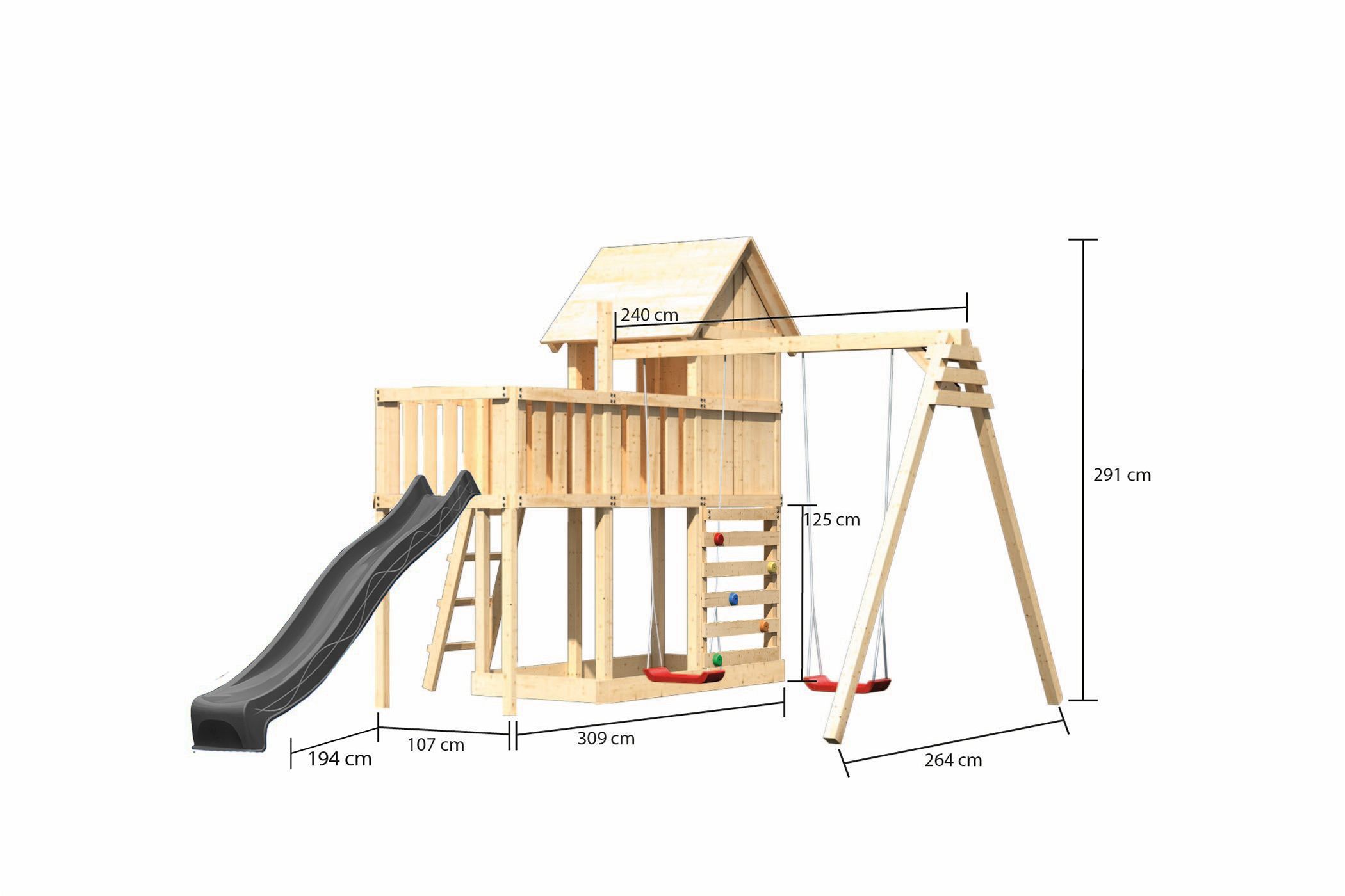 Maßzeichnung eines Karibu Spielgeräts aus Holz mit Bemaßung von Grundfläche und Höhe