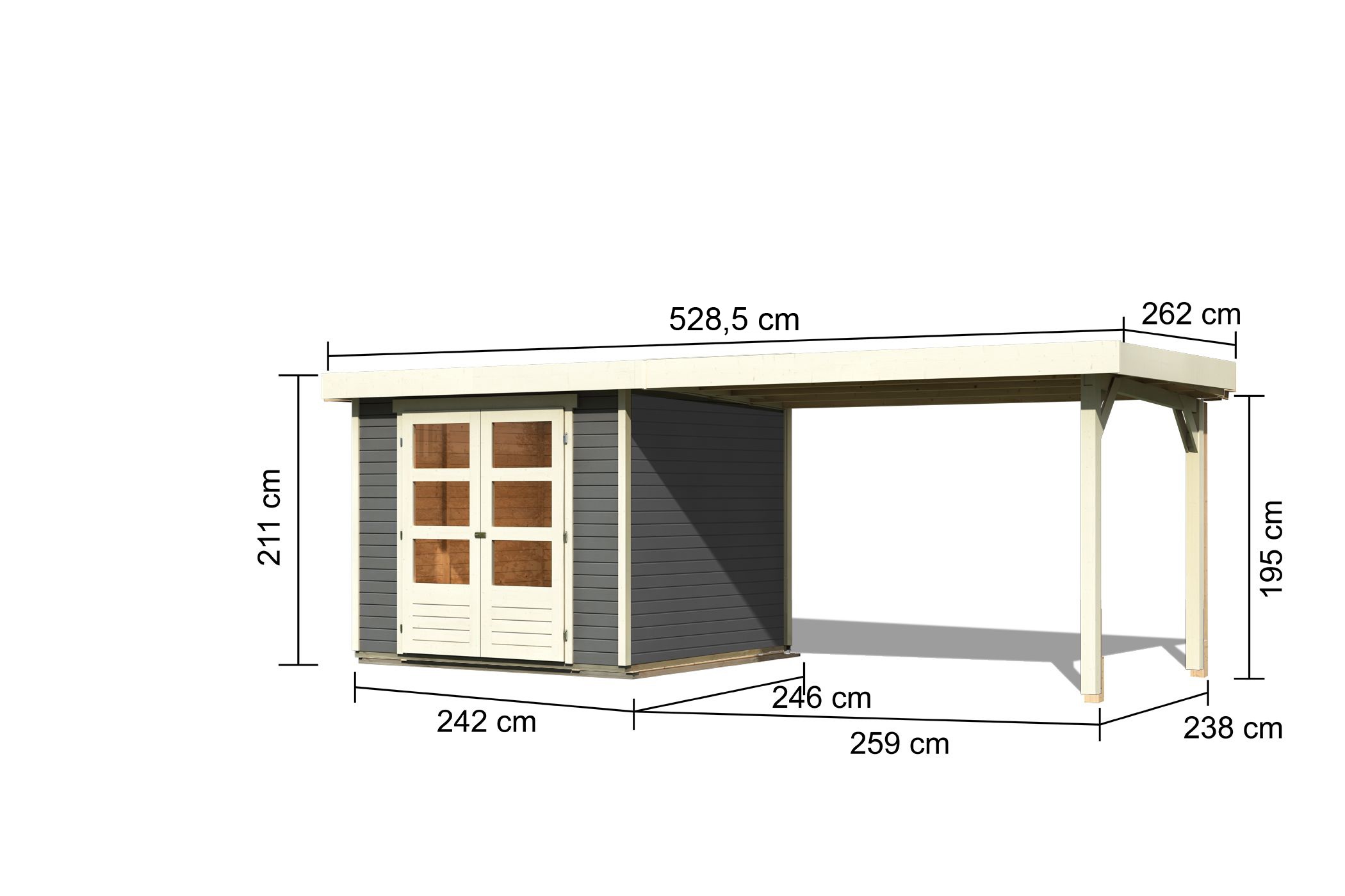 Karibu Gerätehaus Askola 3,5 in Terragrau und Anbaudach
