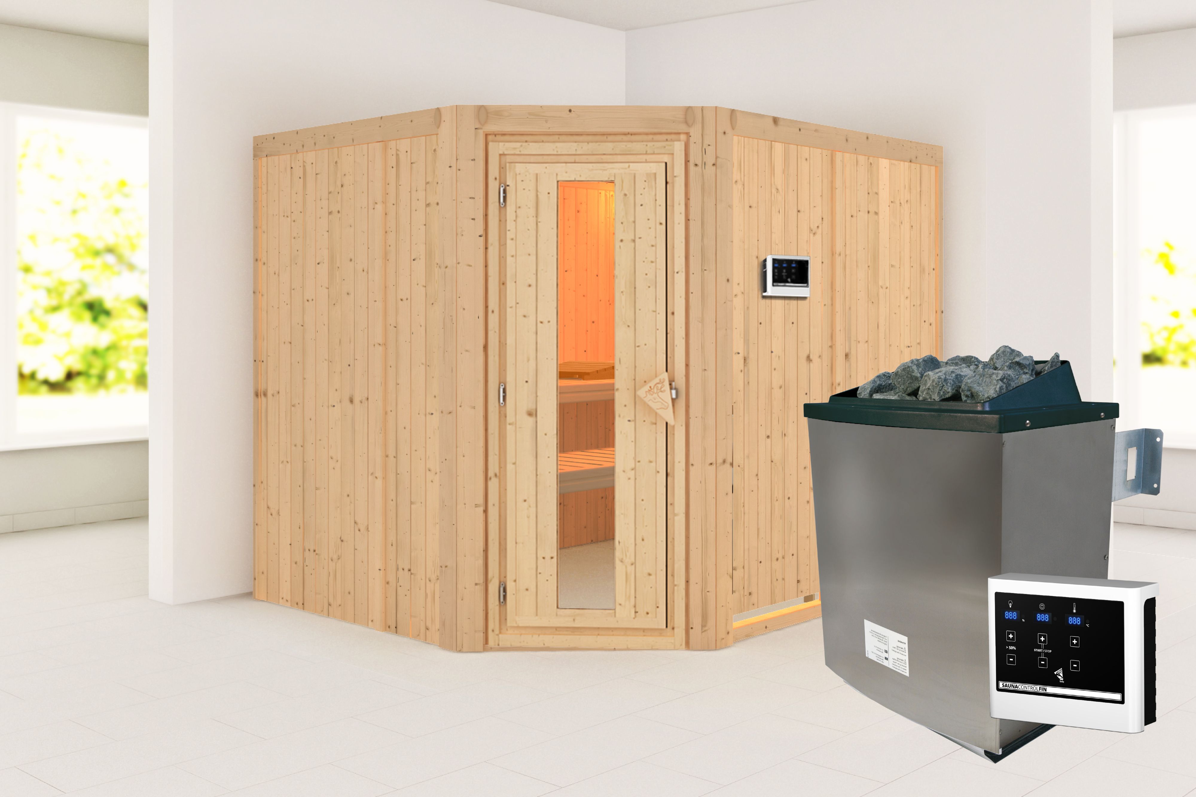 Außenansicht der Karibu Sauna Malin aus nordischer Fichte mit isolierter Holztür und Fronteinstieg