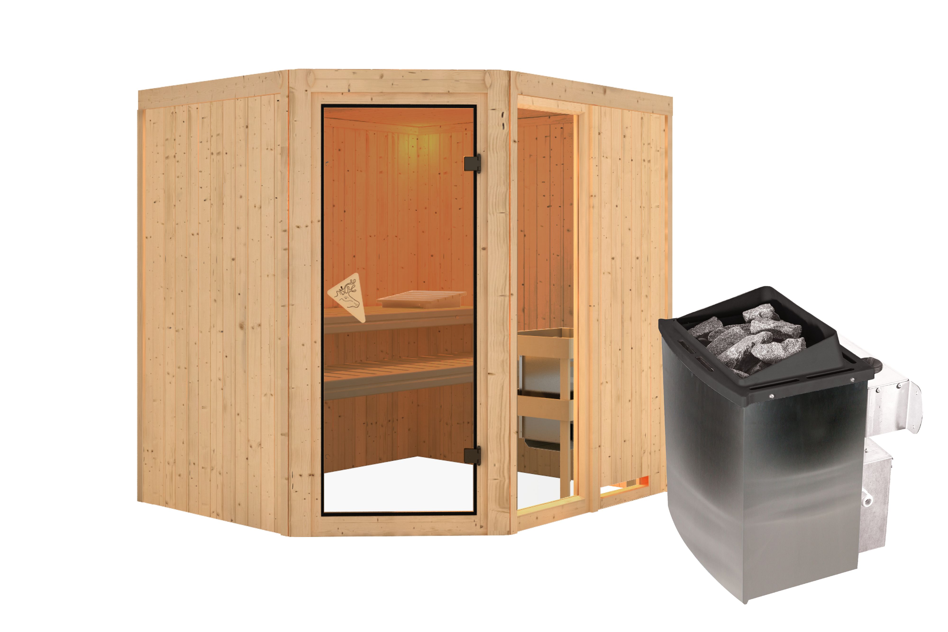 Innenansicht der Karibu Sauna Fiona 2 mit Liegen und Kopfstütze aus hellem Espenholz