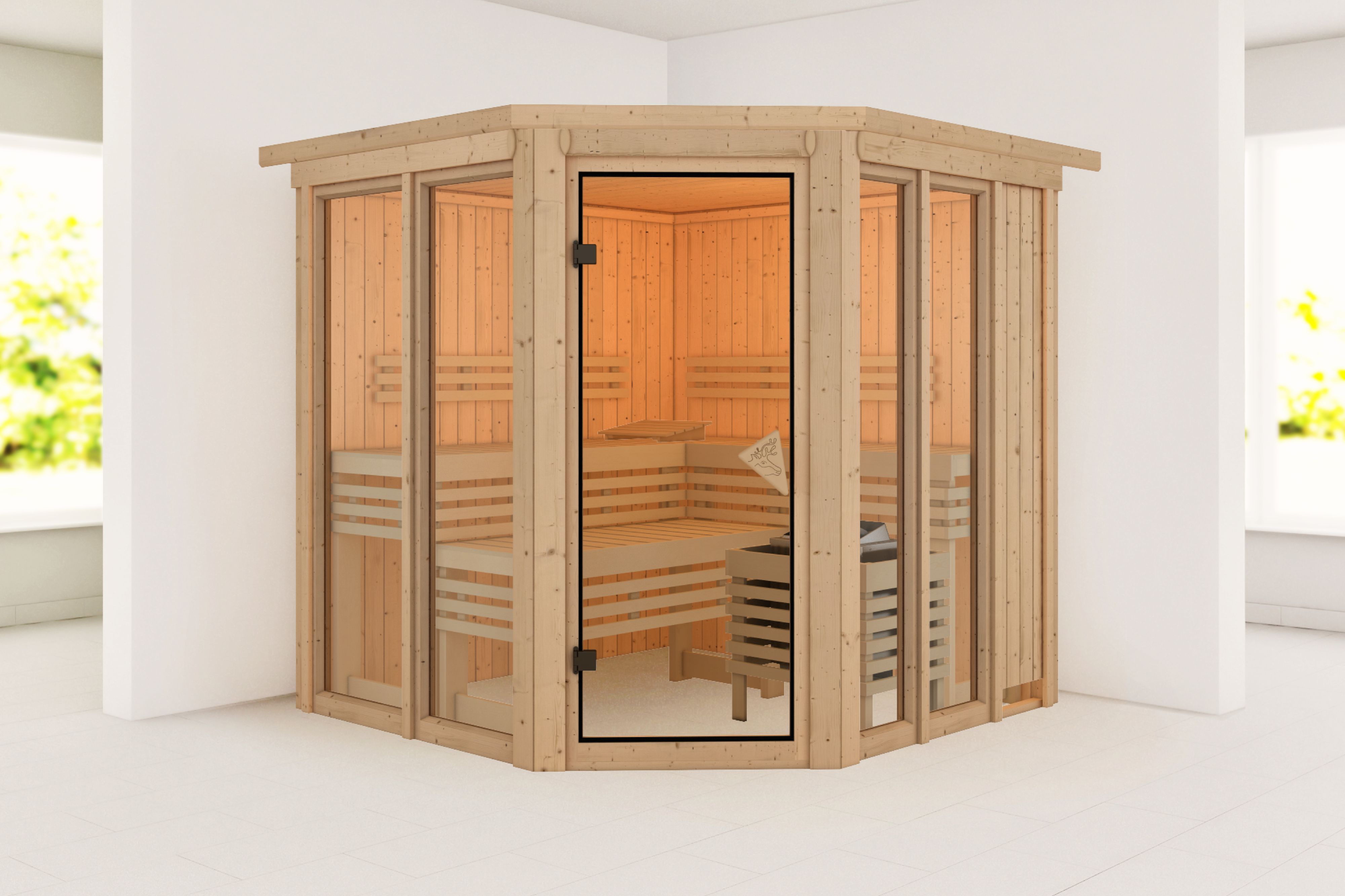 Außenansicht der Karibu Sauna Airi aus nordischer Fichte mit Ganzglastür und Fronteinstieg