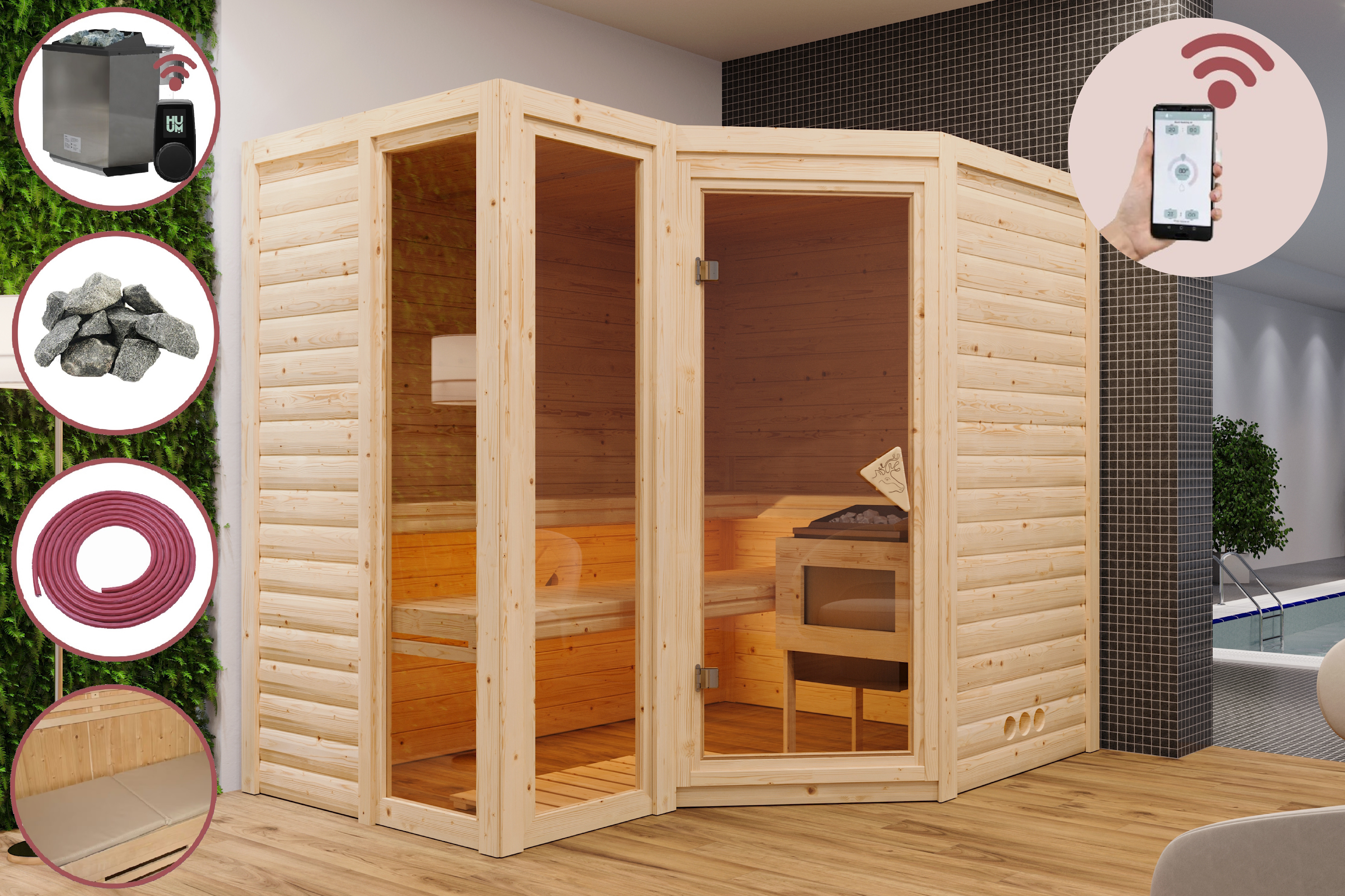 Sauna Alisa im Sparset / 9kW Bio-Ofen mit HUUM Wifi Steuerung