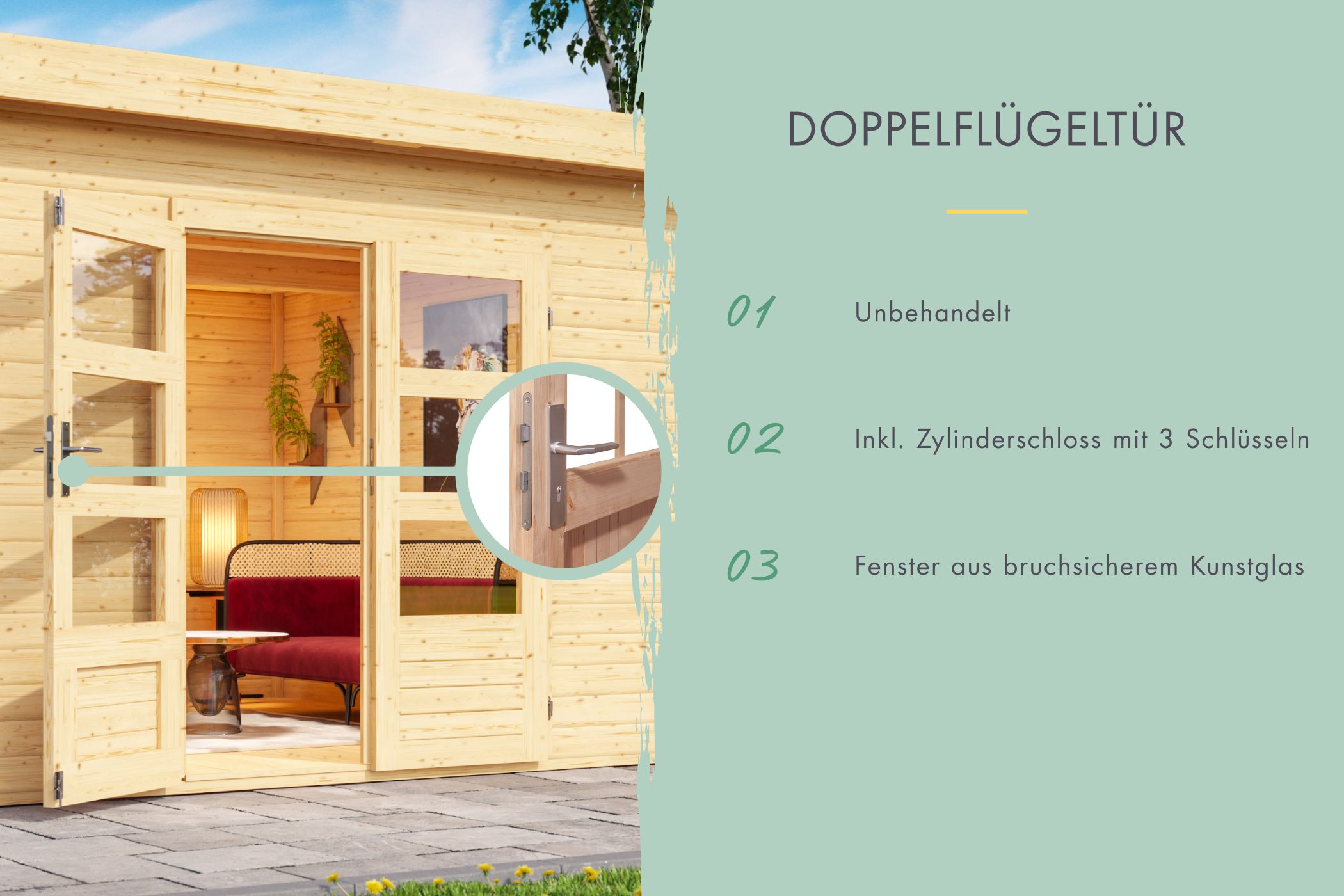 Doppelflügeltür des Karibu Gartenhaus Bastrup 7 mit Zylinderschloss und Kunstglas