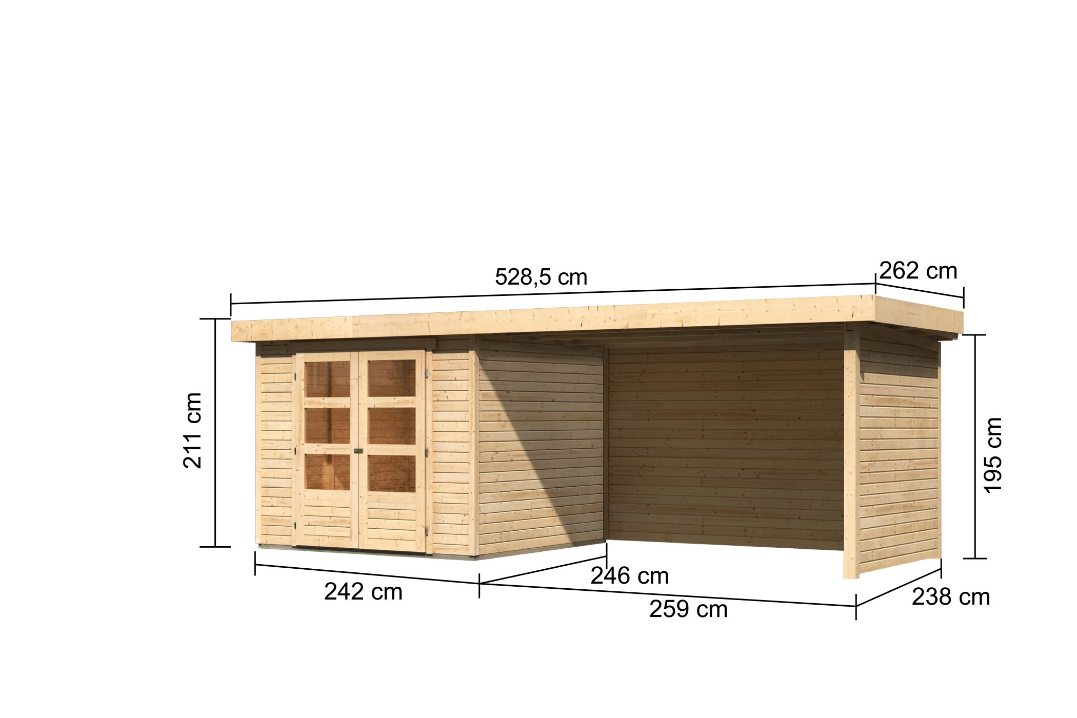 Bemaßte Maßzeichnung des Karibu Gerätehaus Askola 3,5 mit Anbaudach, 528 × 262 cm