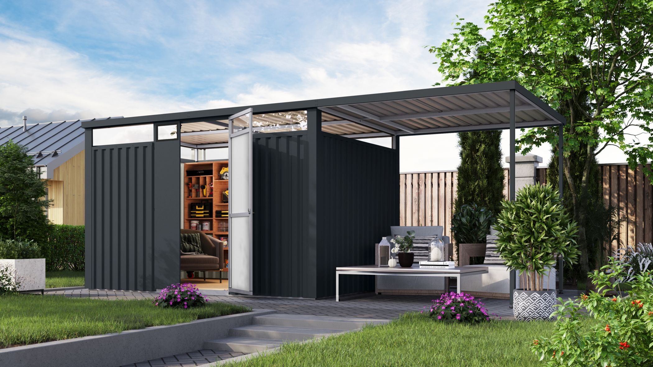 Metallhaus Østen 3 im Set mit Anbaudach 2,25 m anthrazit / Lagerabverkauf
