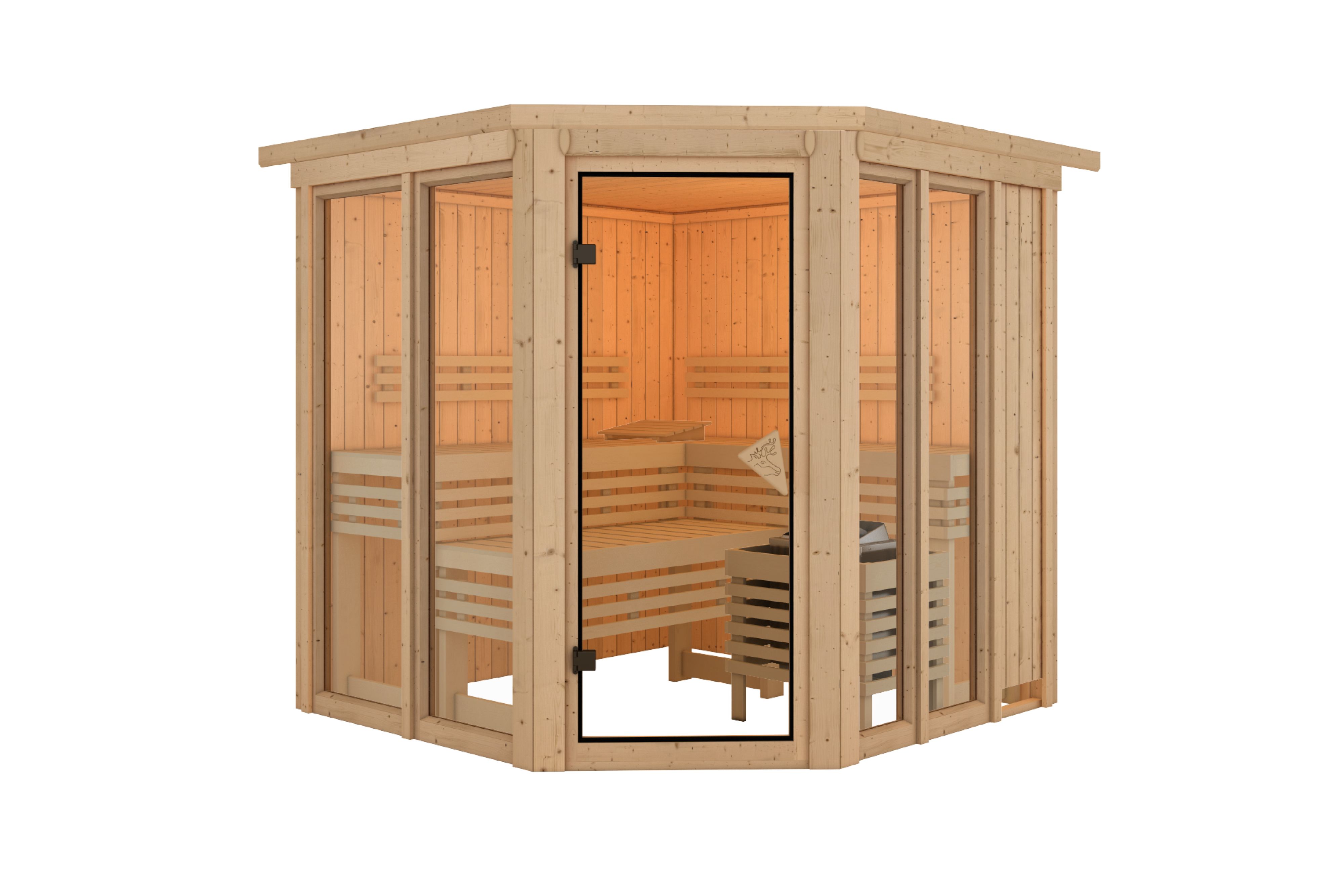Innenansicht der Karibu Sauna Airi mit Liegen und Kopfstütze aus hellem Espenholz