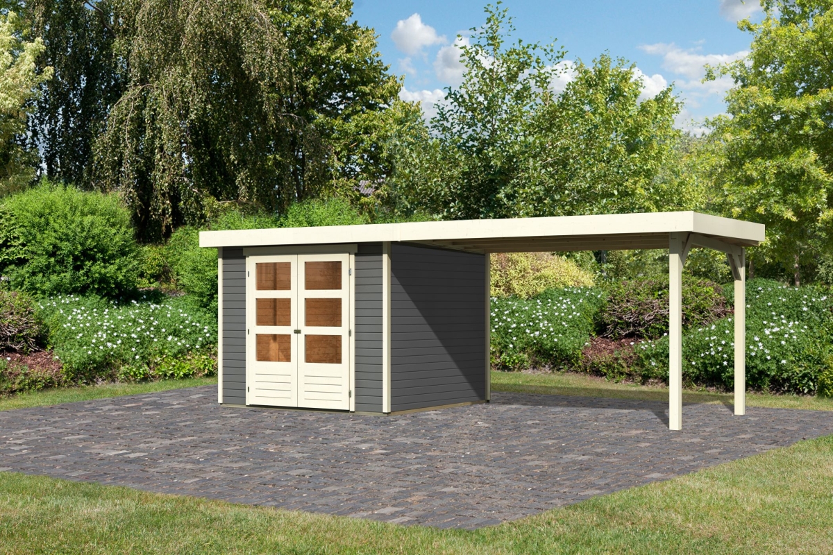 Karibu Gerätehaus Askola 3,5 in Terragrau und Anbaudach, Außenansicht