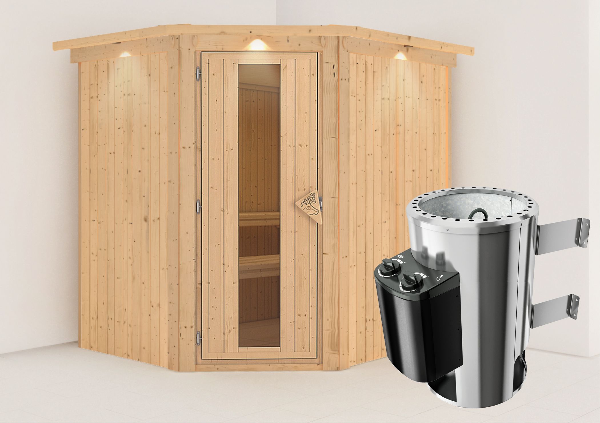 Außenansicht der Karibu Sauna Lilja aus nordischer Fichte mit isolierter Holztür und Fronteinstieg