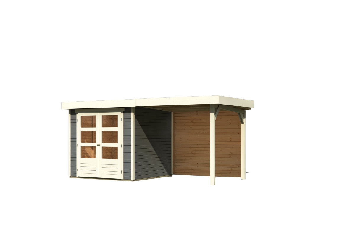 Karibu Gerätehaus Askola 2 in Terragrau und Anbaudach, Freisteller