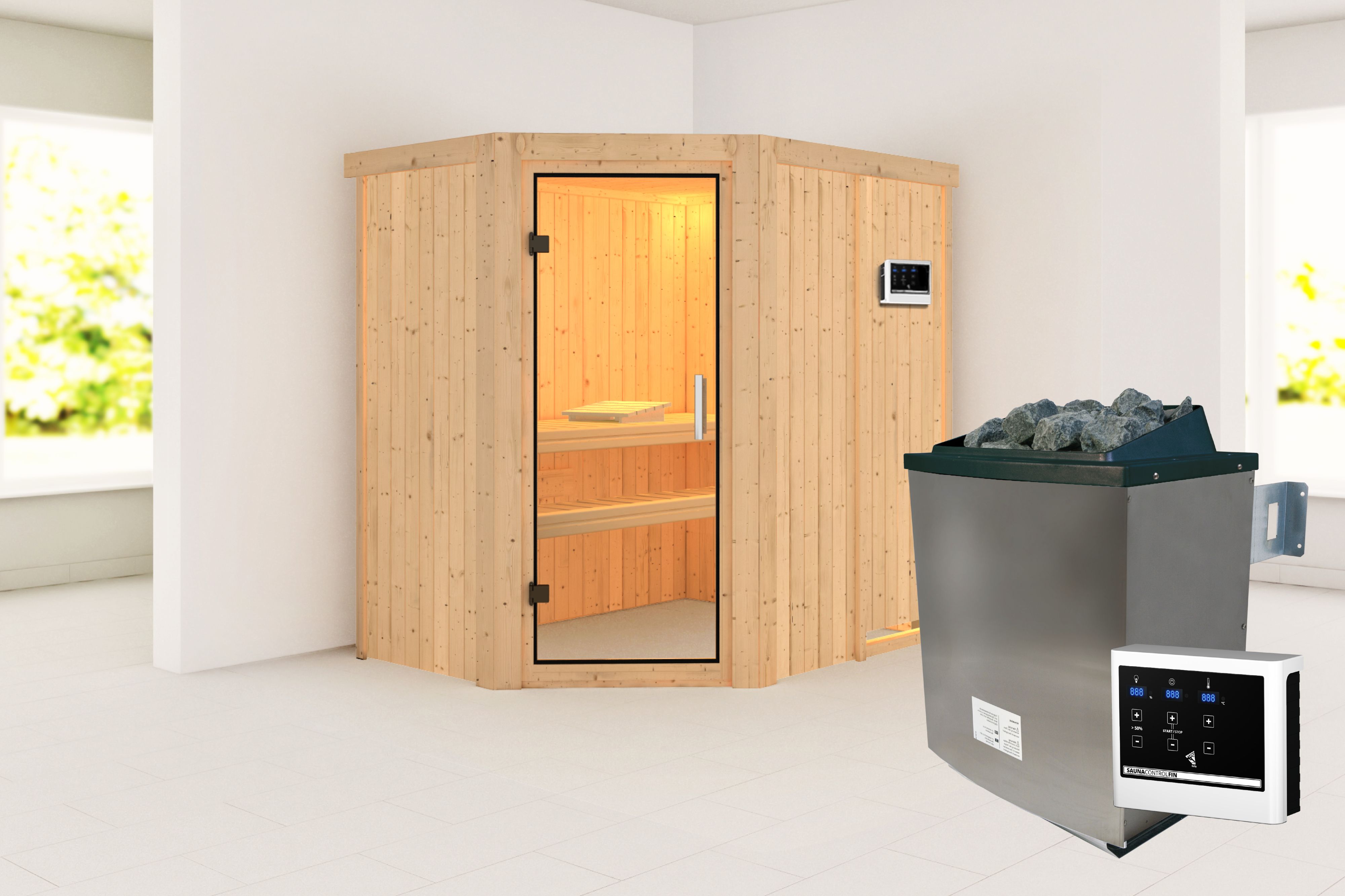 Außenansicht der Karibu Sauna Carin aus nordischer Fichte mit Klarglas-Ganzglastür und Fronteinstieg
