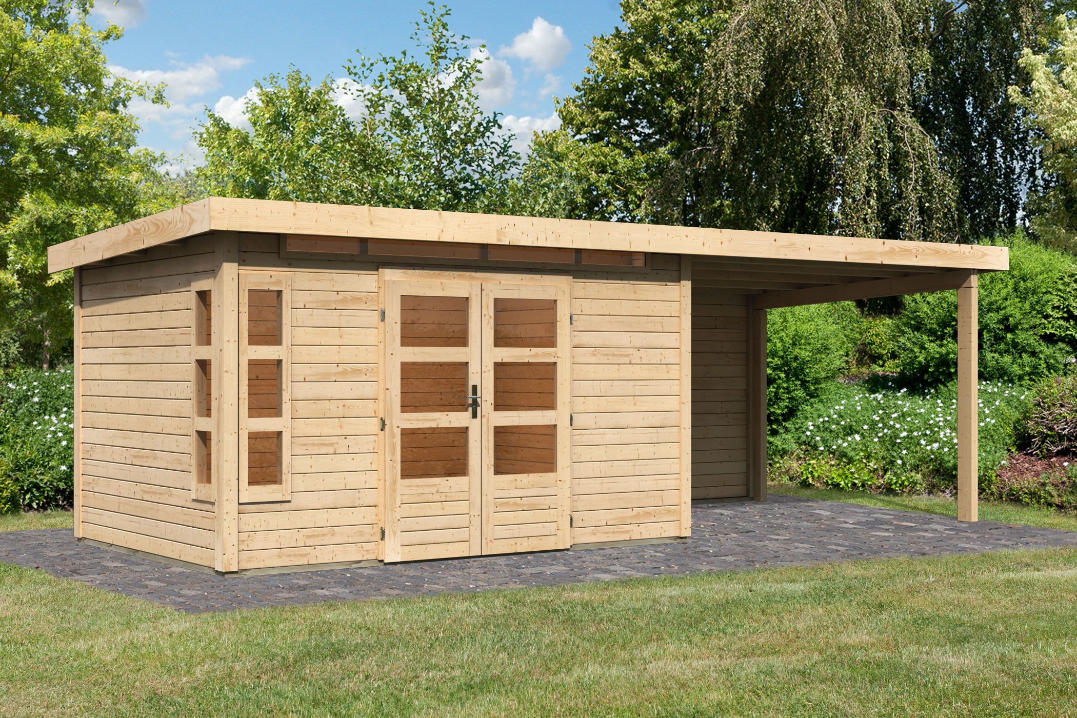 Karibu Gartenhaus Kastorf 7 in Naturbelassen und Anbaudach, Außenansicht
