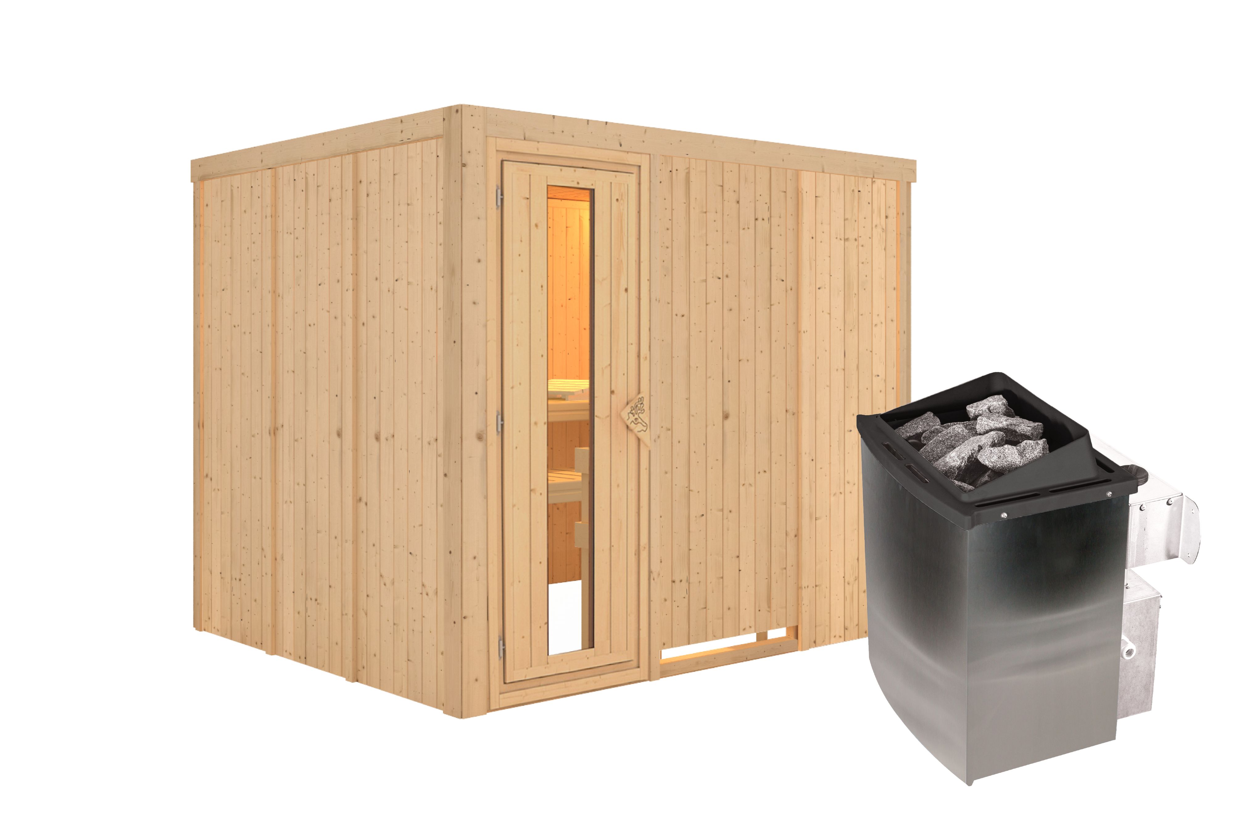 Innenansicht der Karibu Sauna Gobin mit Liegen und Kopfstütze aus hellem Espenholz