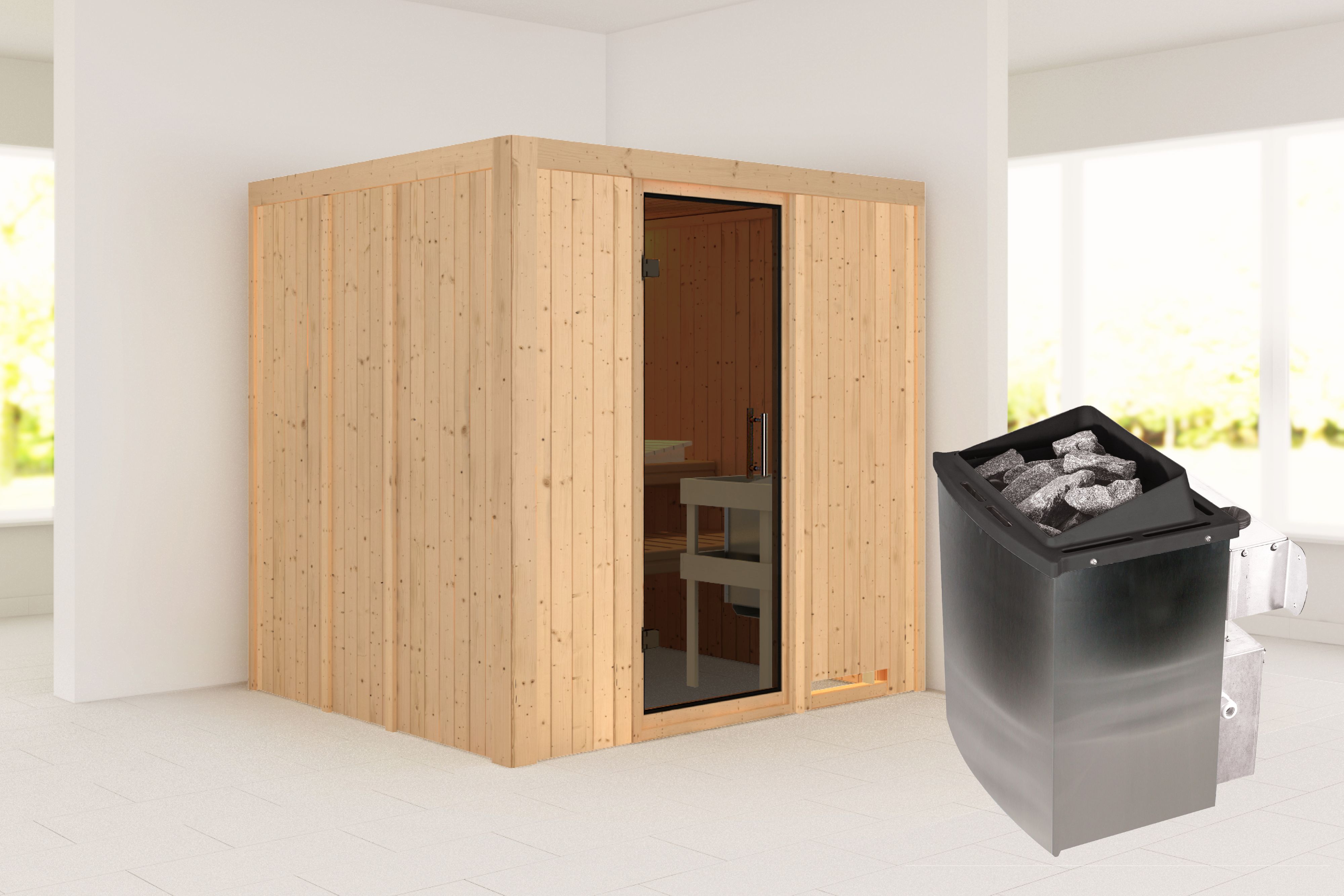 Außenansicht der Karibu Sauna Sodin aus nordischer Fichte mit graphitfarbener Ganzglastür und Fronteinstieg