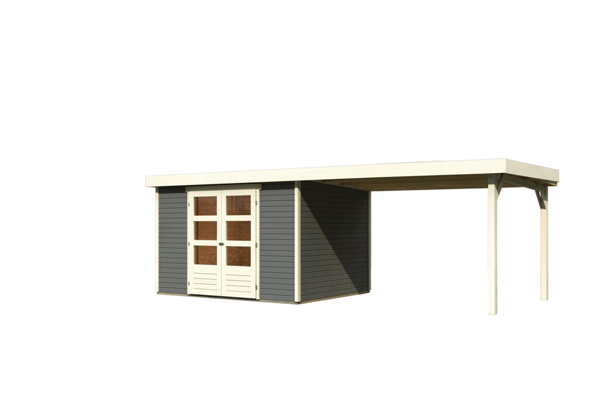 Karibu großes Gerätehaus Askola 5 in Terragrau und Anbaudach, Freisteller