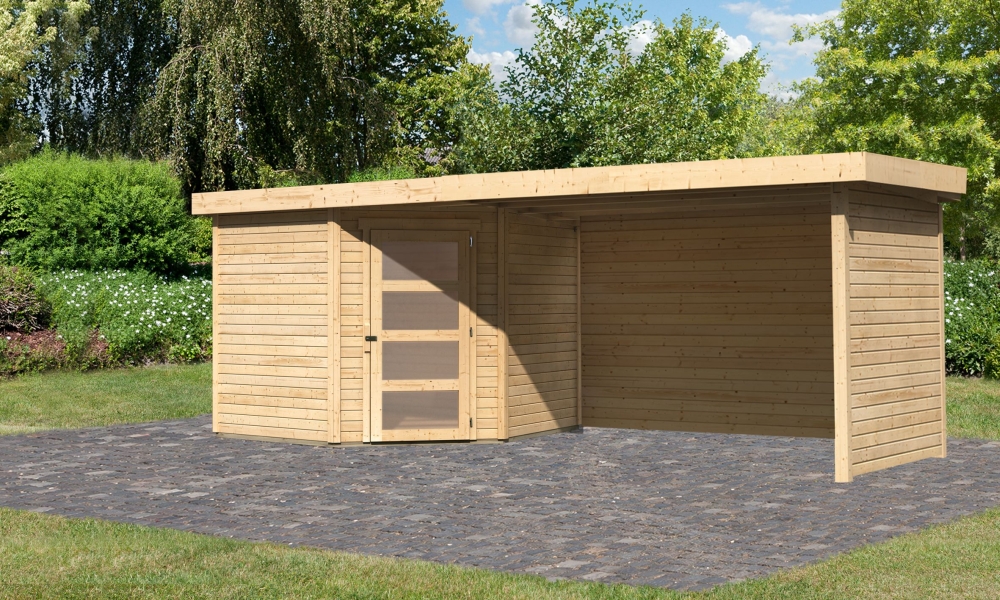 Karibu Gerätehaus Schwandorf 5 in Naturbelassen und Anbaudach, Außenansicht