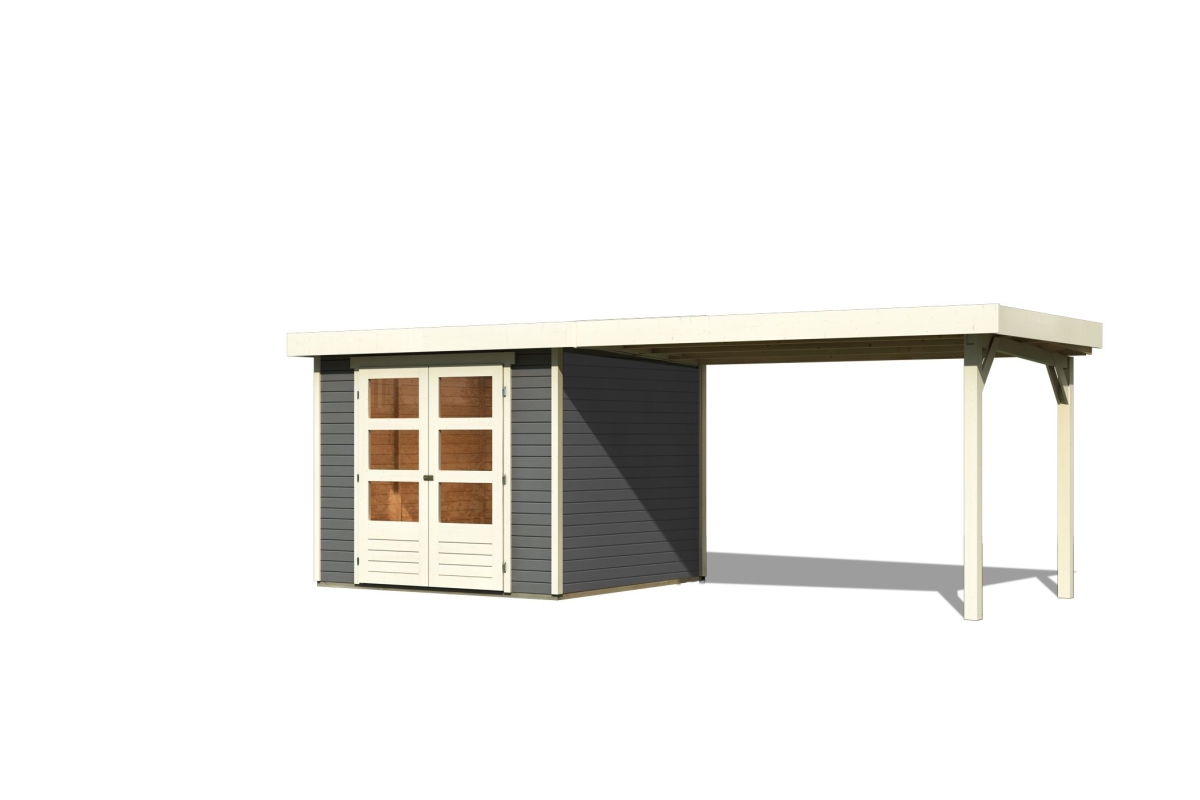Karibu Gerätehaus Askola 3,5 in Terragrau und Anbaudach, Freisteller