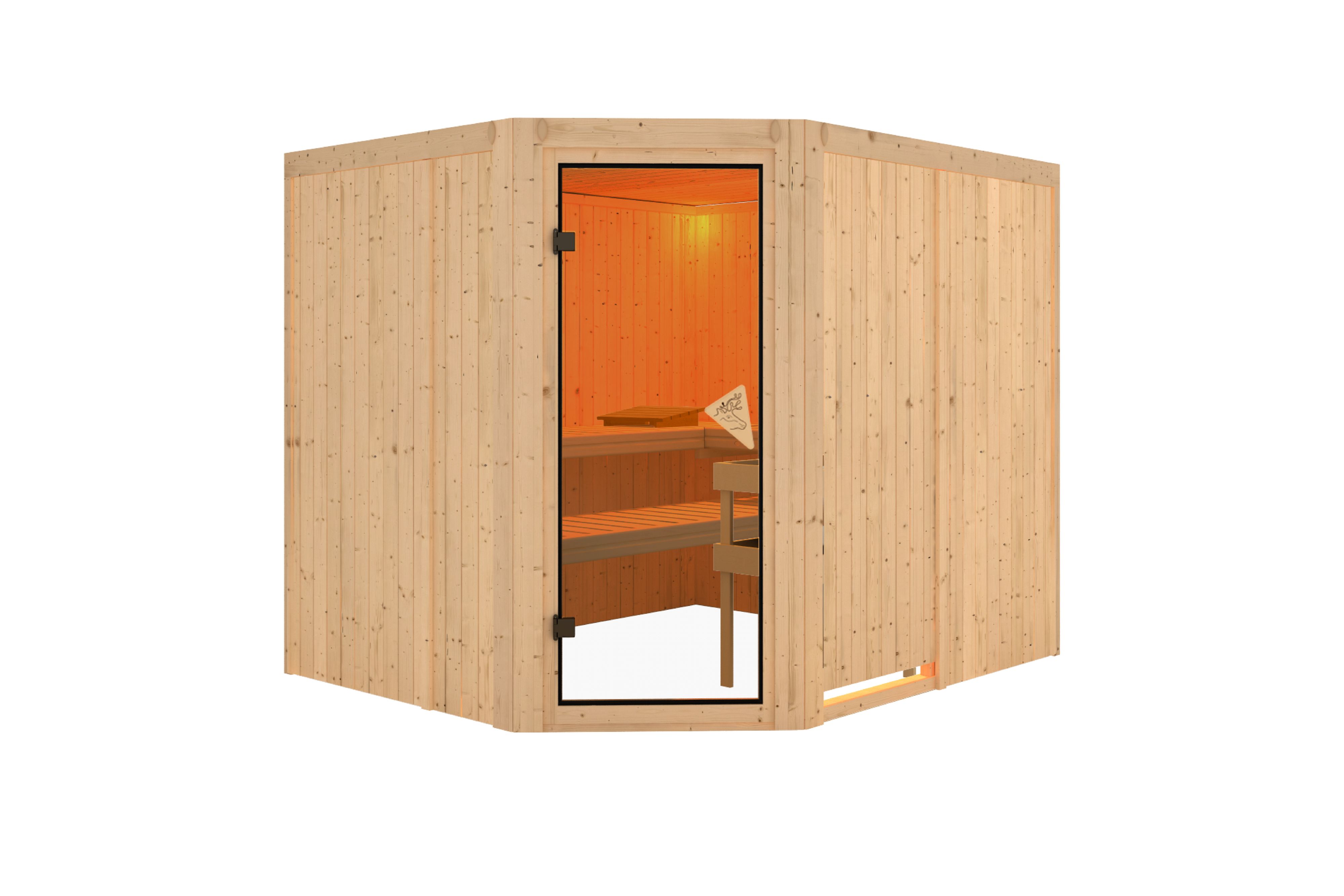 Innenansicht der Karibu Sauna Malin mit Liegen und Kopfstütze aus hellem Espenholz