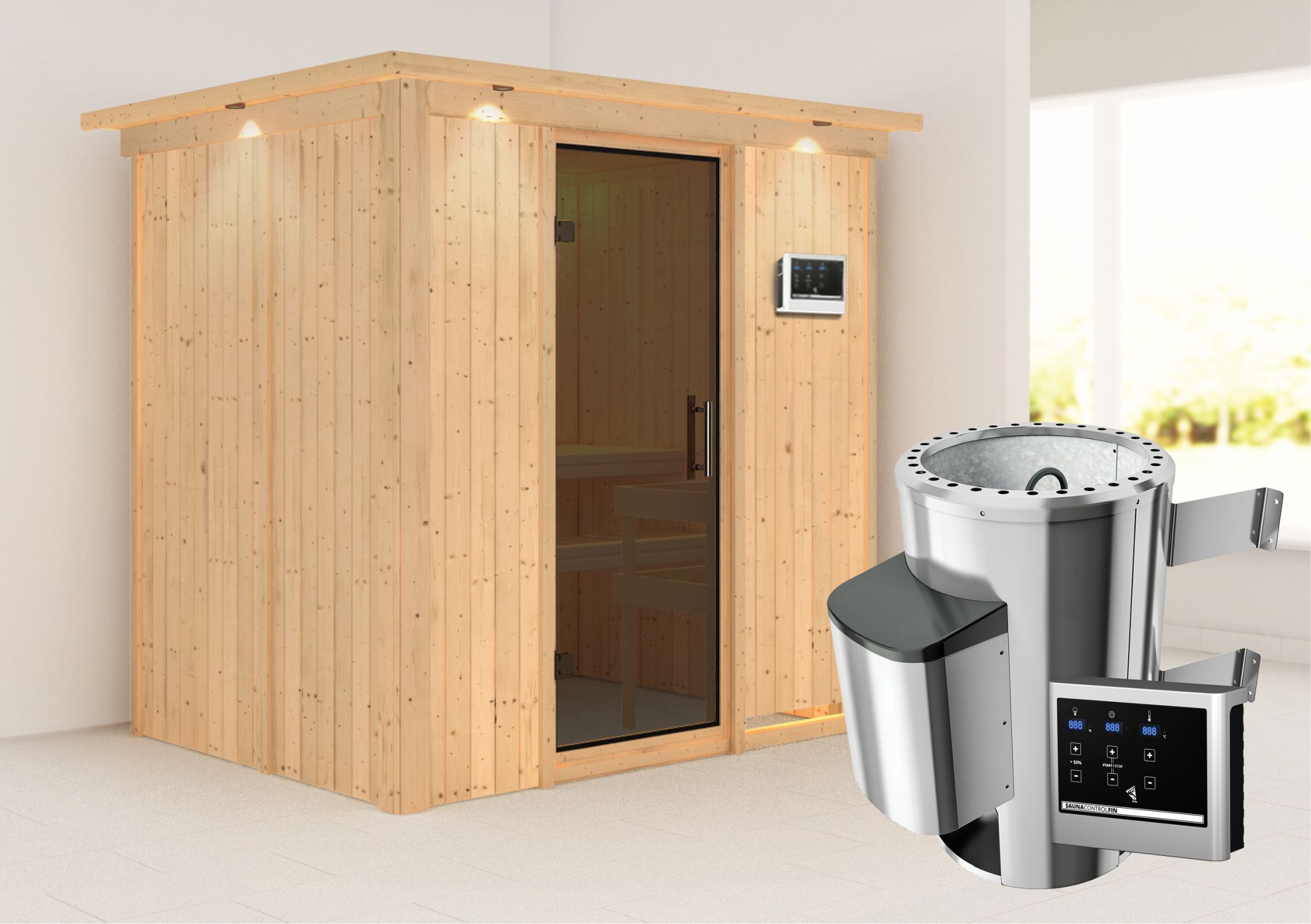 Außenansicht der Karibu Sauna Fanja aus nordischer Fichte mit graphitfarbener Ganzglastür und Fronteinstieg