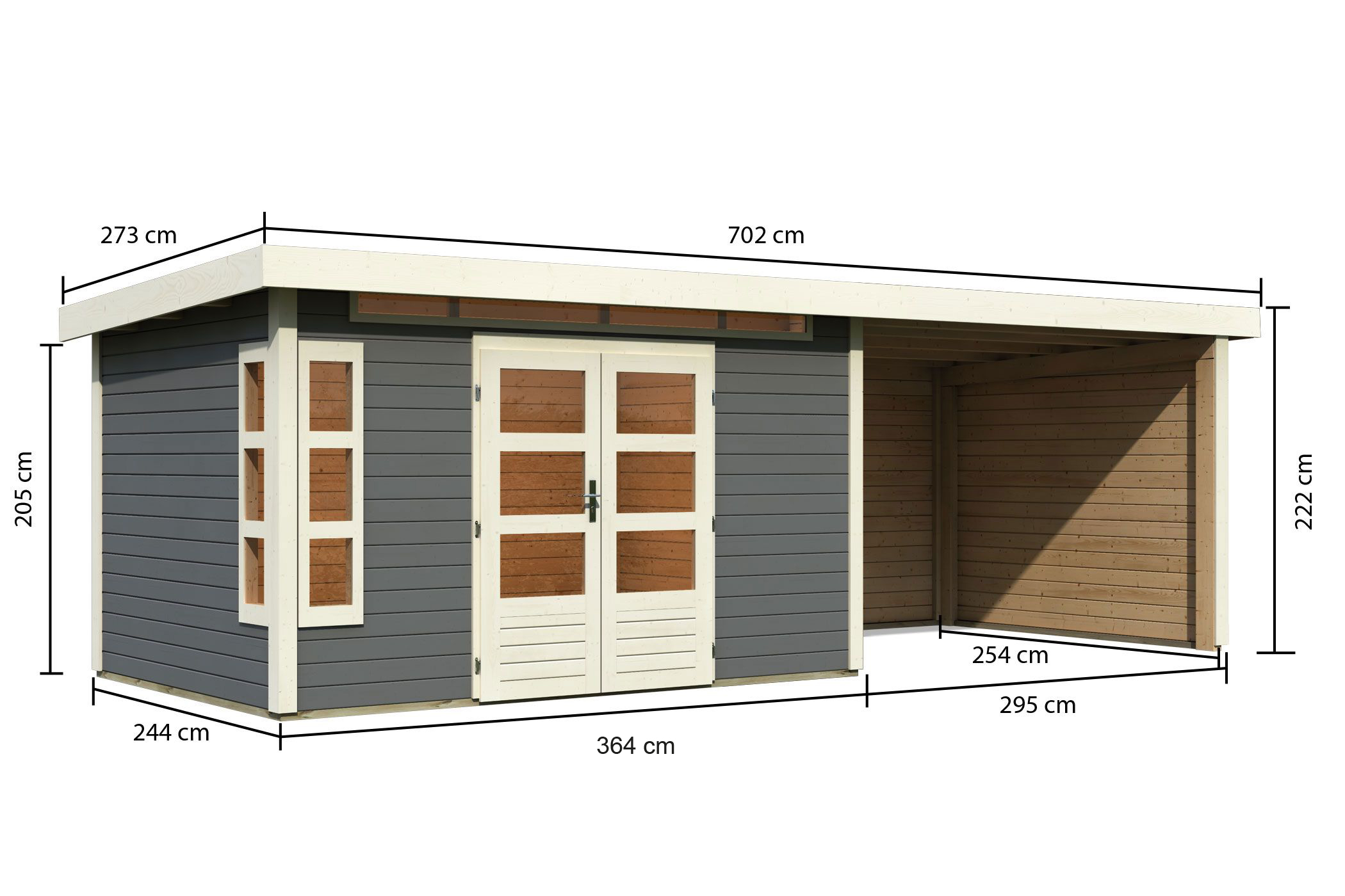 Bemaßte Maßzeichnung des Karibu Gartenhaus Kastorf 7 mit Anbaudach, 702 × 273 cm