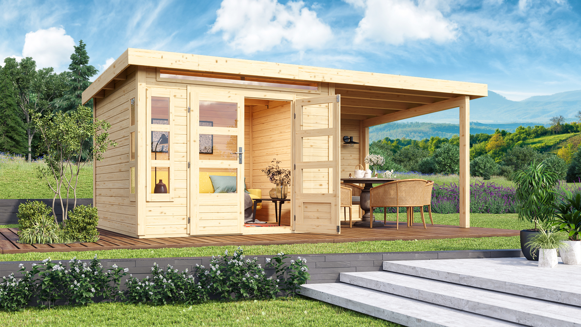 Karibu Gartenhaus Trelleborg F mit Anbaudach im Garten