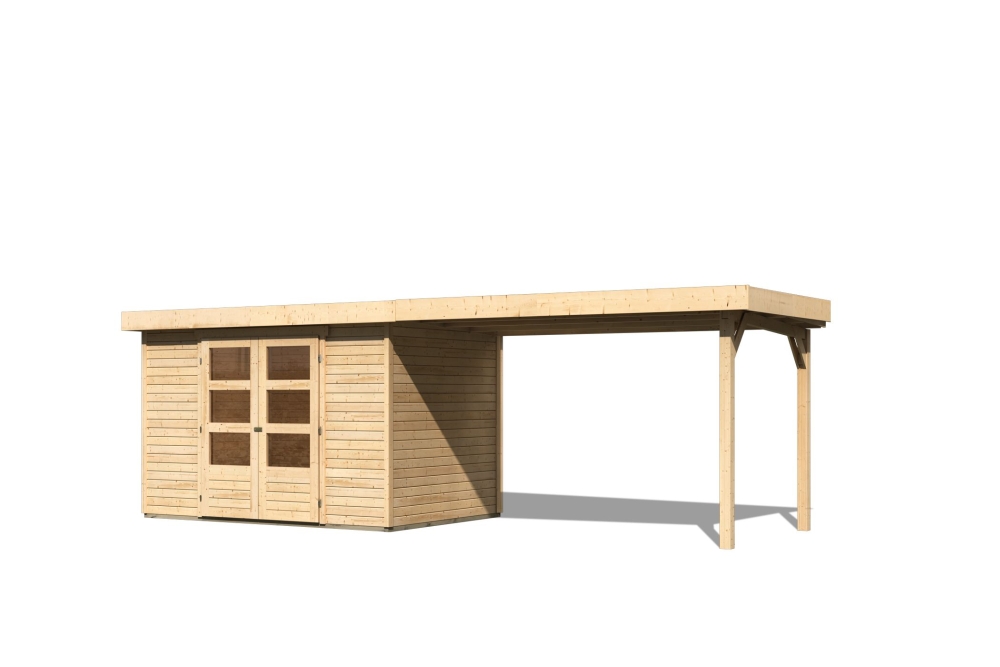 Karibu Gerätehaus Askola 4 in Naturbelassen und Anbaudach, Freisteller