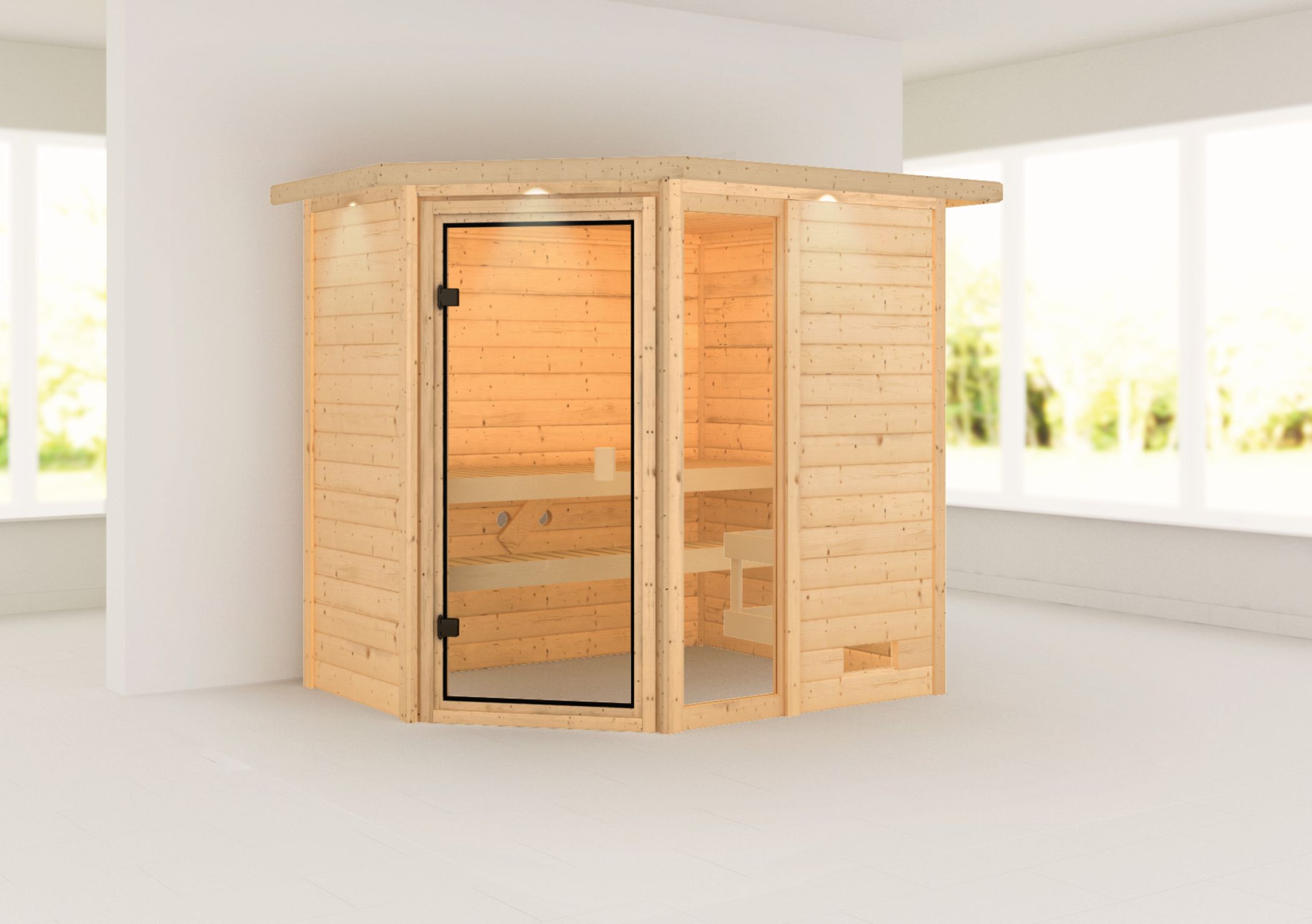 Außenansicht der Karibu Sauna Jada aus nordischer Fichte mit Ganzglastür und Fronteinstieg
