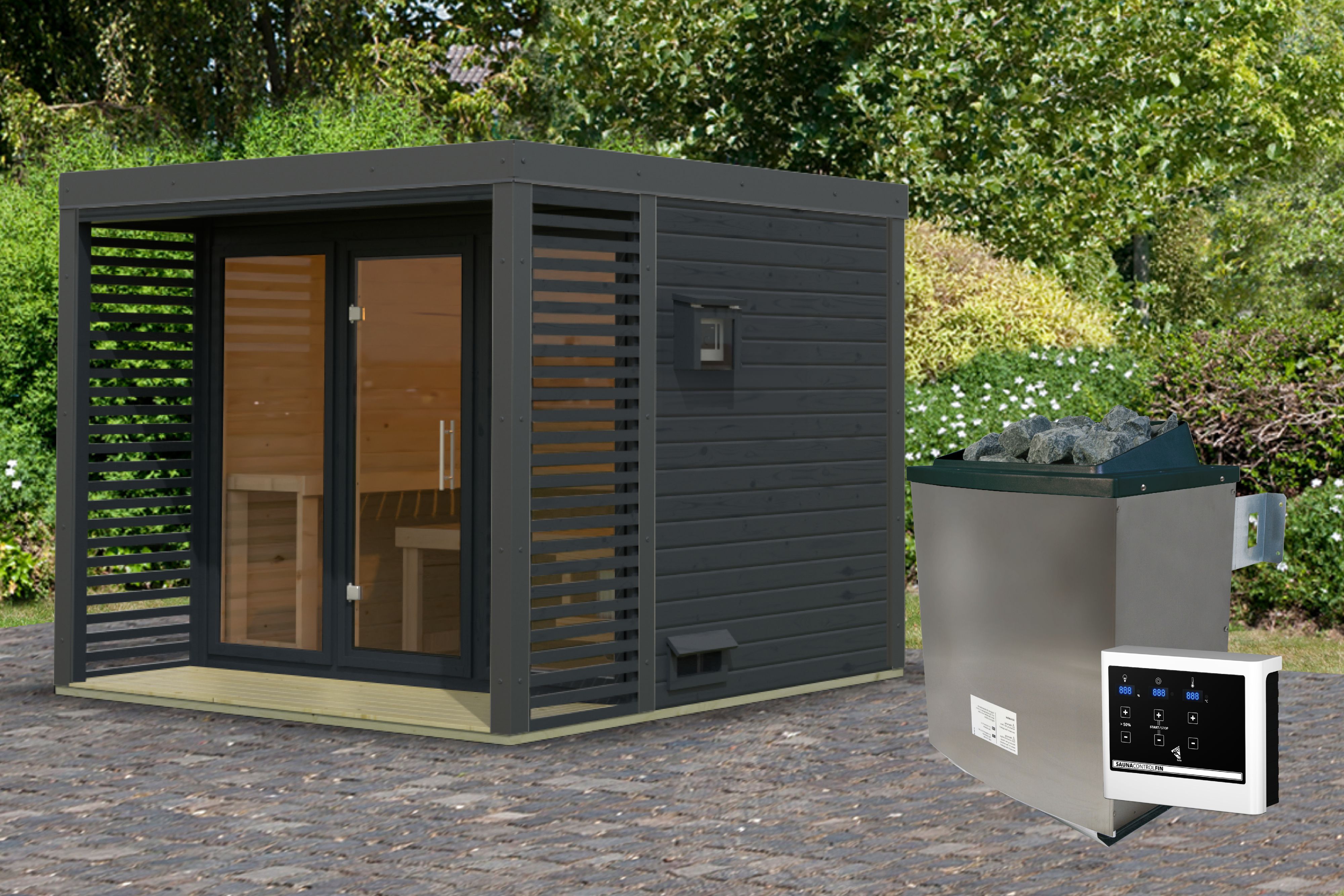 Karibu Saunahaus Ares 3 als Gartensauna aus Massivholz im Garten mit Glasfront