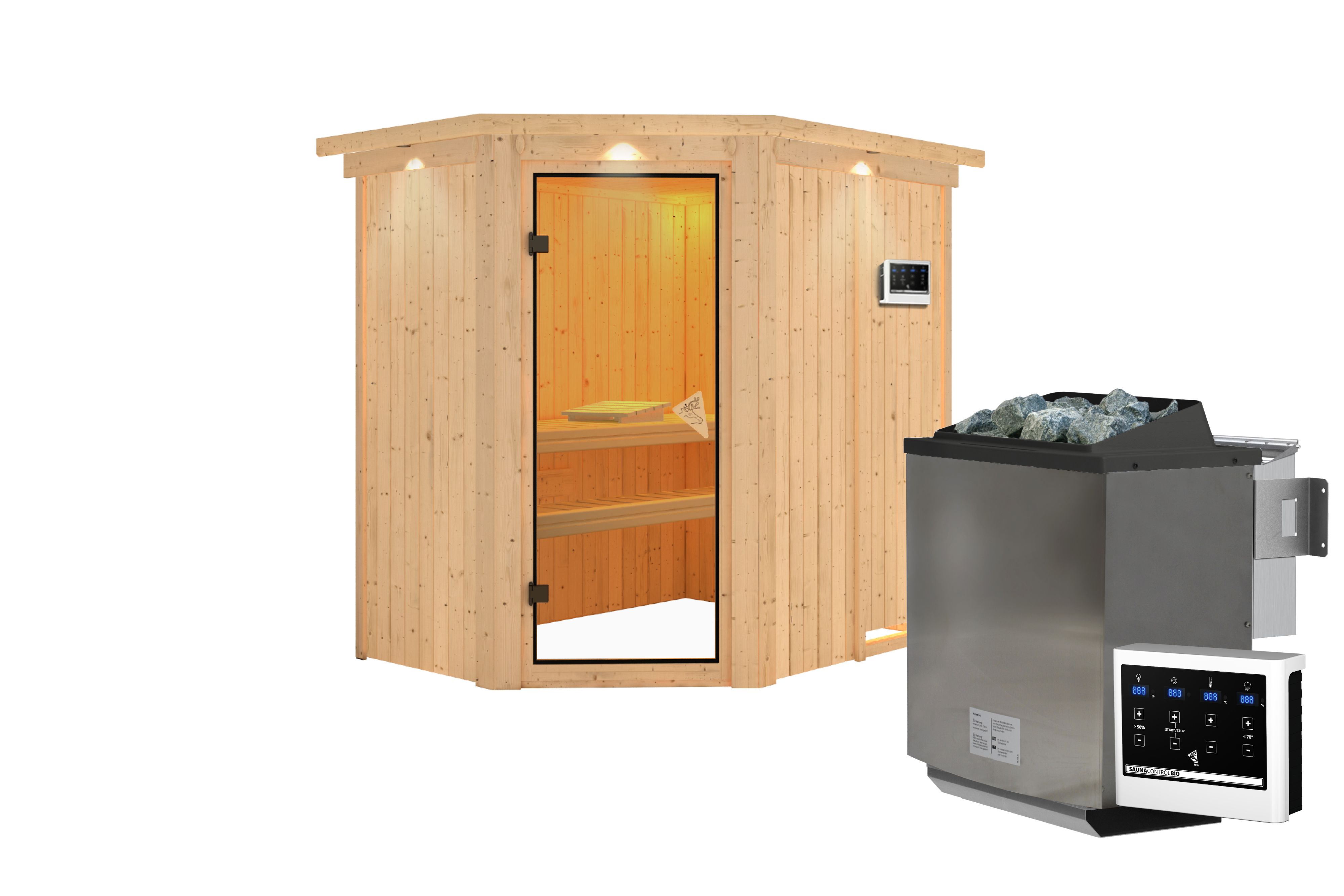 Innenansicht der Karibu Sauna Carin mit Liegen und Kopfstütze aus hellem Espenholz