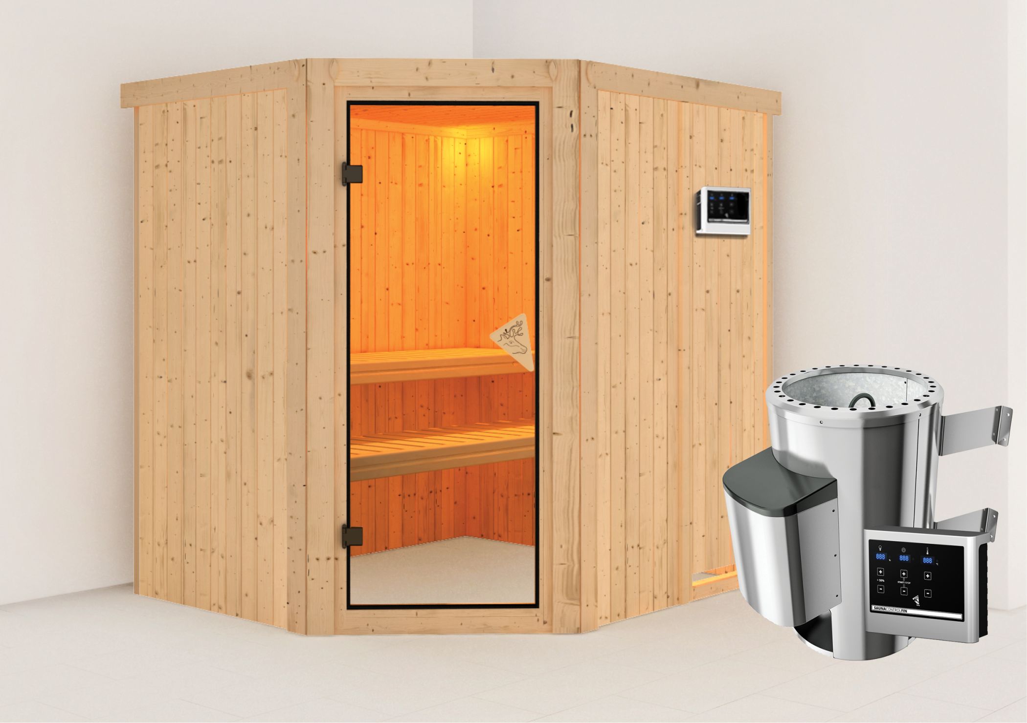 Außenansicht der Karibu Sauna Lilja aus nordischer Fichte mit bronzierter Ganzglastür und Fronteinstieg