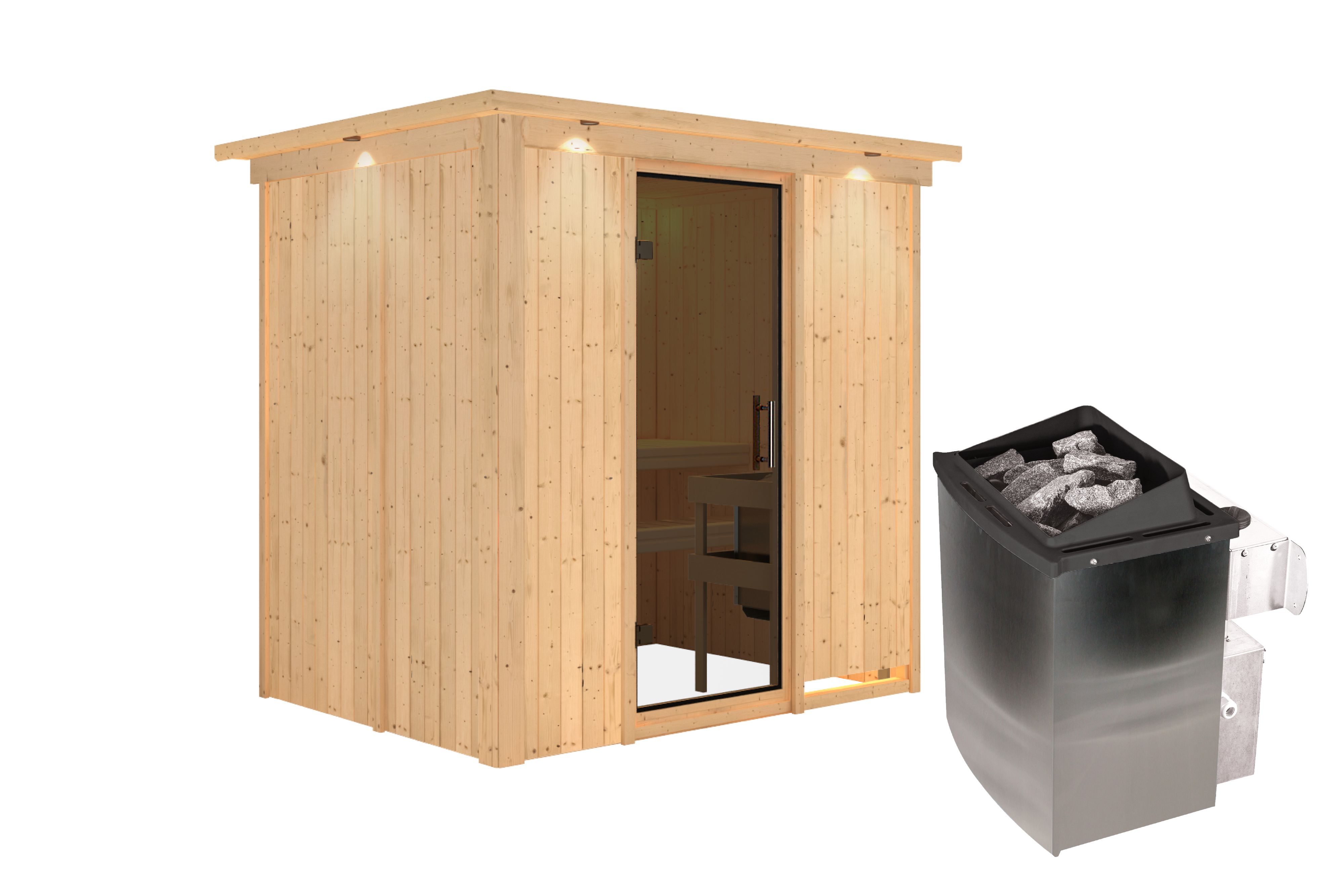 Innenansicht der Karibu Sauna Bodin mit Liegen und Kopfstütze aus hellem Espenholz