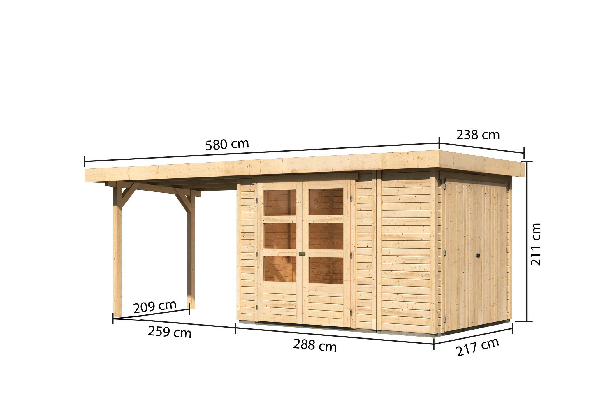 Bemaßte Maßzeichnung des Karibu Gerätehaus Retola 2 mit Anbaudach, 580 × 238 cm