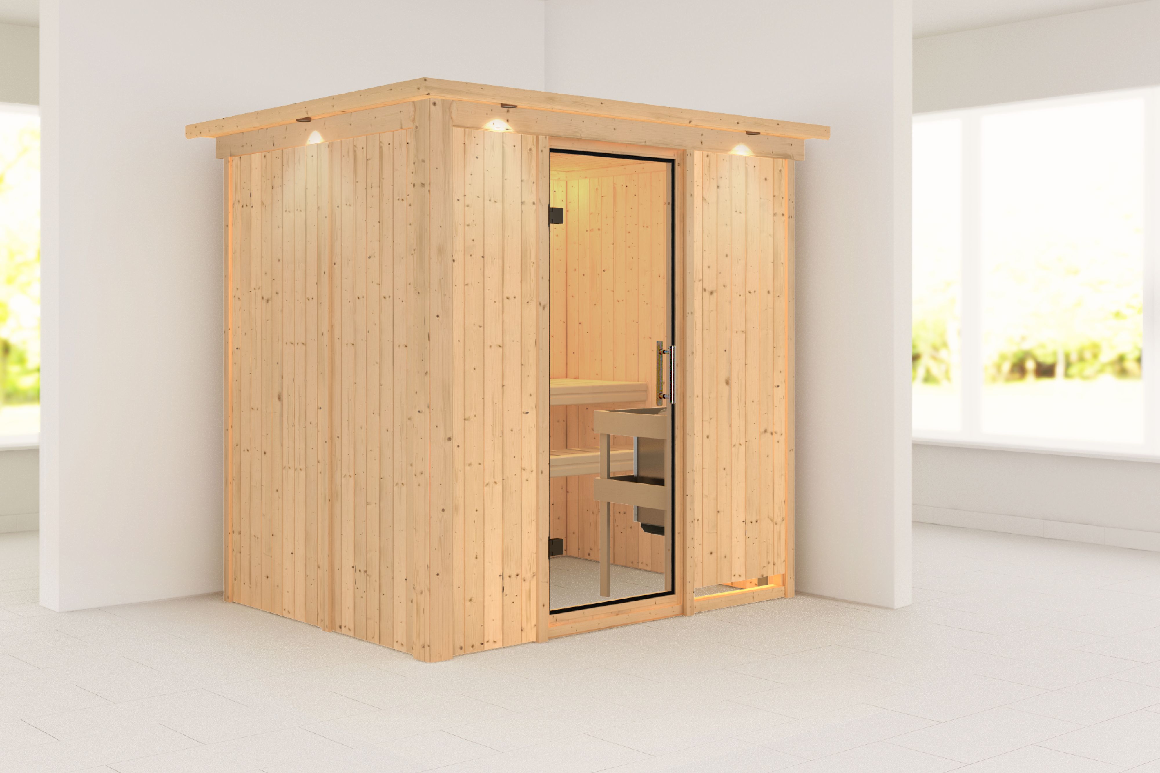 Außenansicht der Karibu Sauna Bodin aus nordischer Fichte mit Klarglas-Ganzglastür und Fronteinstieg