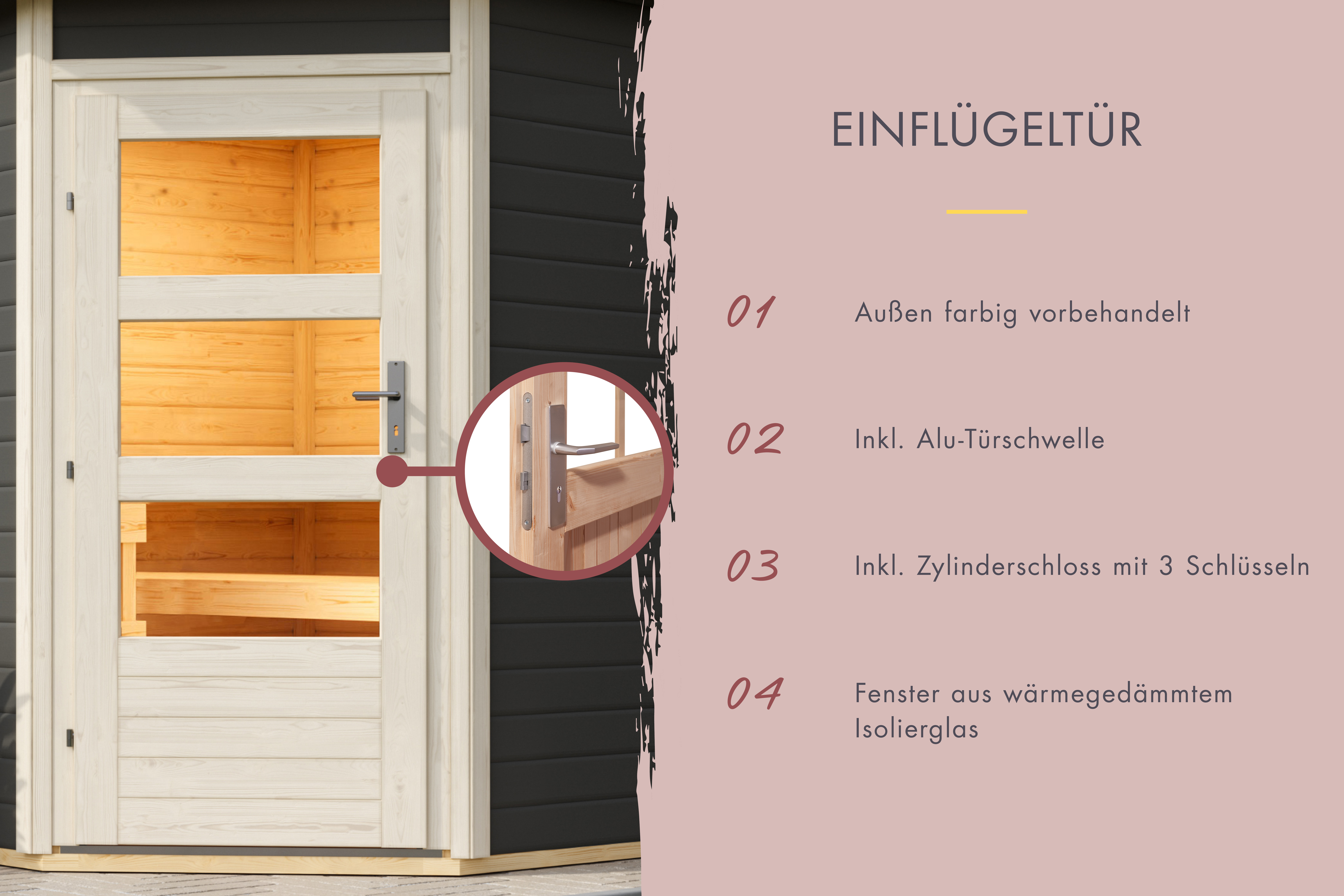 Detailansicht einer Karibu Sauna aus nordischer Fichte