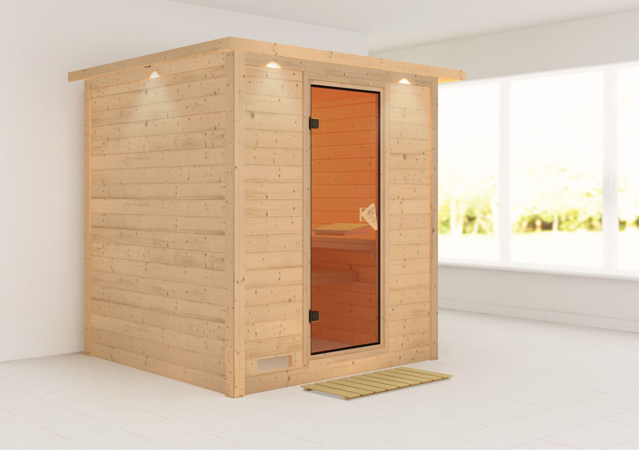 Außenansicht der Karibu Sauna Mojave aus nordischer Fichte mit bronzierter Ganzglastür und Fronteinstieg