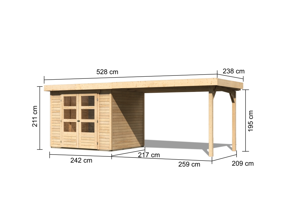 Bemaßte Maßzeichnung des Karibu Gerätehaus Askola 3 mit Anbaudach, 528 × 238 cm