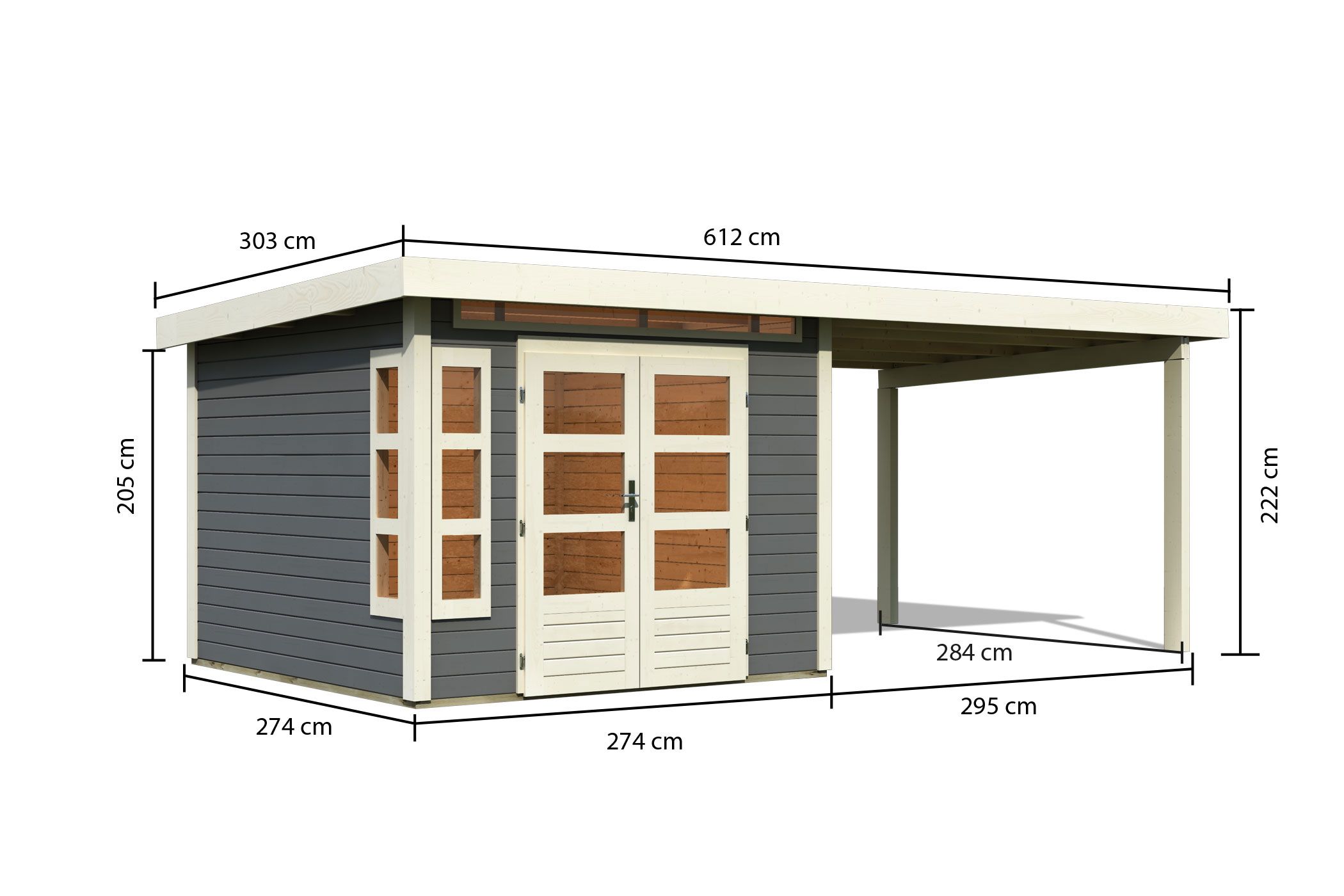 Bemaßte Maßzeichnung des Karibu Gartenhaus Trelleborg F mit Anbaudach, 612 × 303 cm