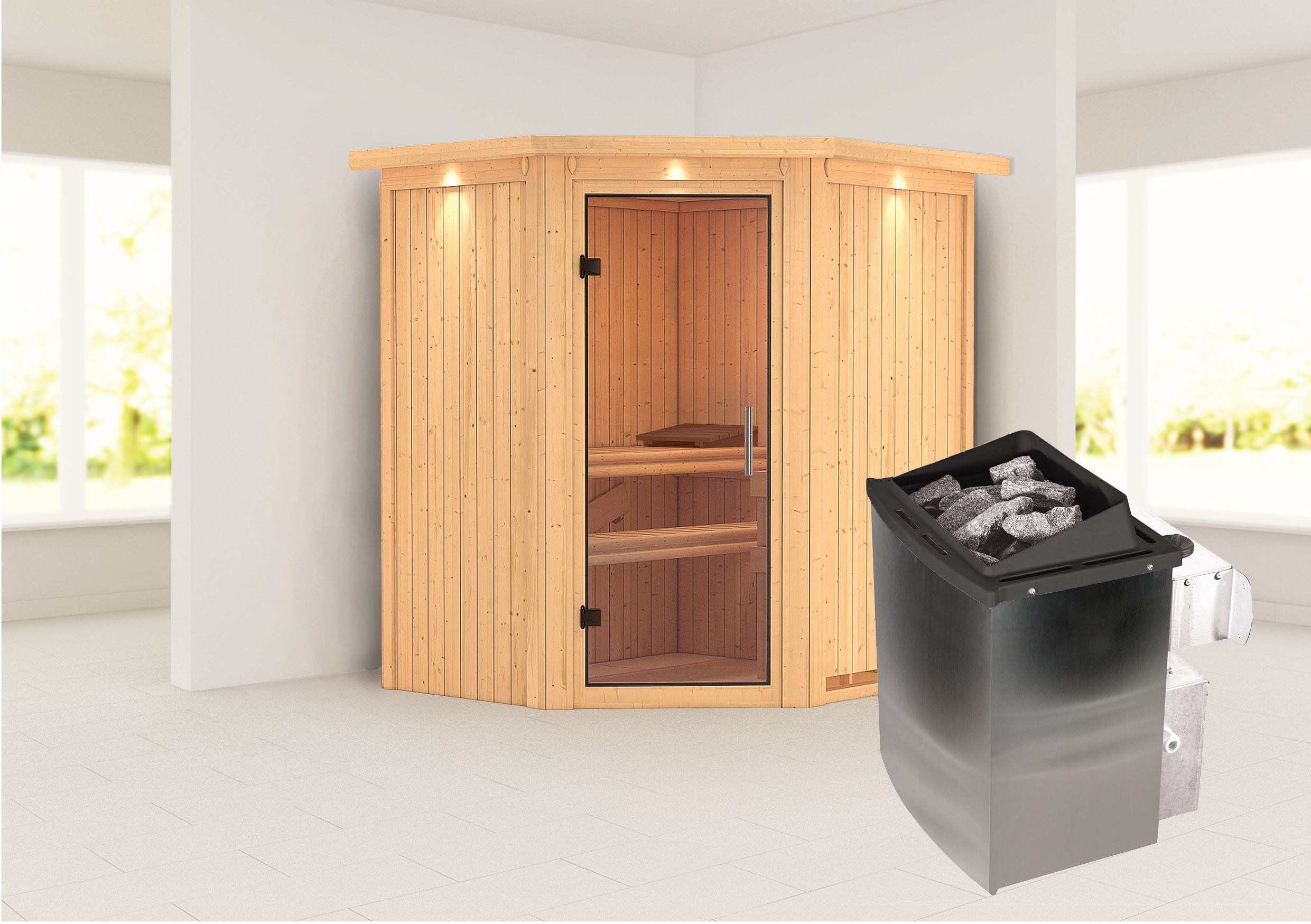 Außenansicht der Karibu Sauna Taurin aus nordischer Fichte mit Klarglas-Ganzglastür und Fronteinstieg