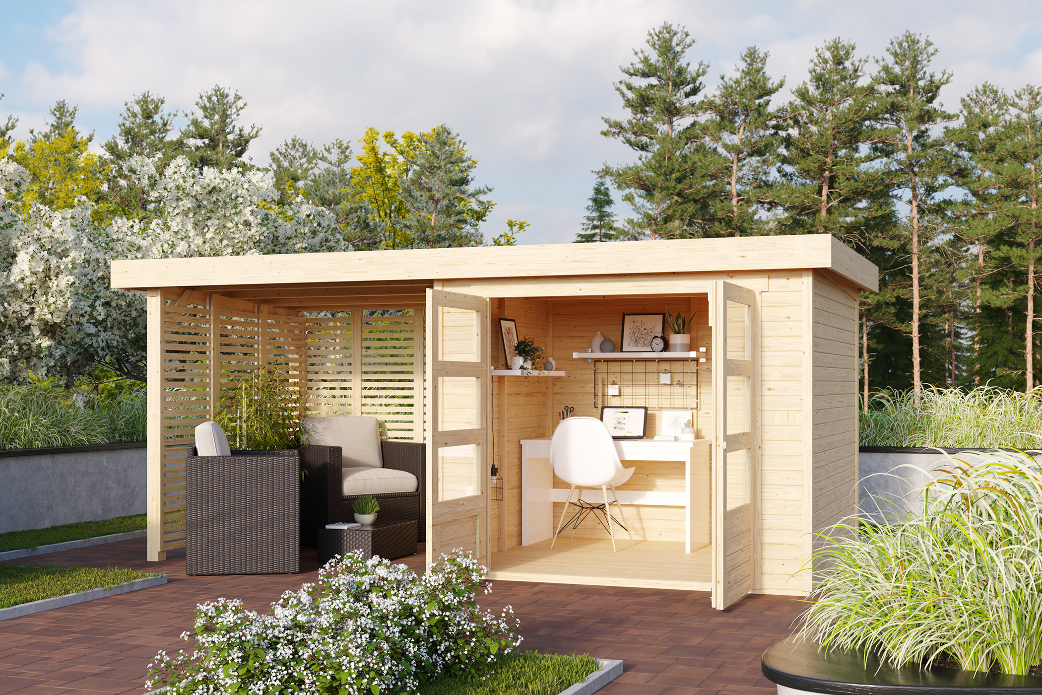 Karibu Gerätehaus Askola 3 in Naturbelassen und Anbaudach im Garten