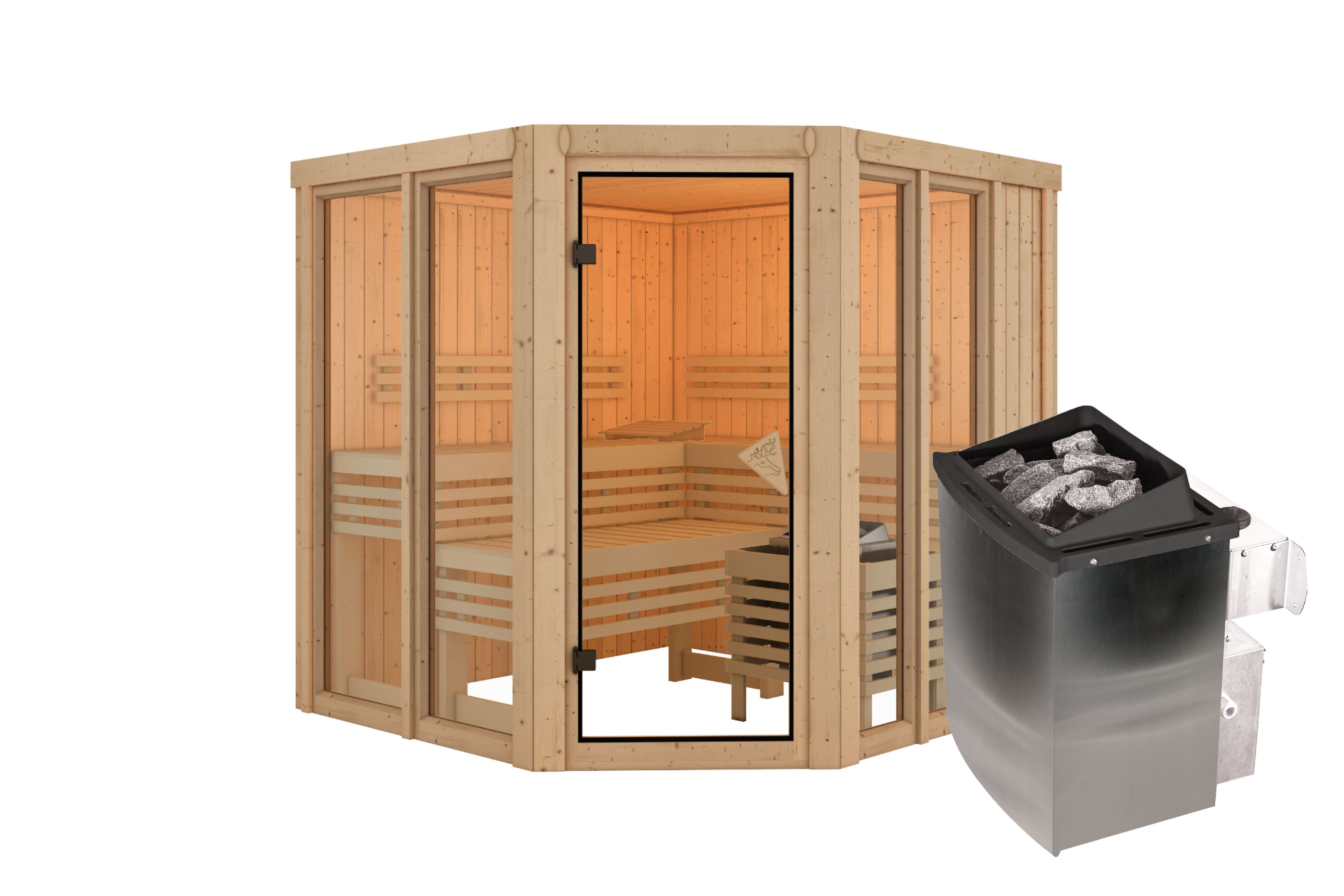 Innenansicht der Karibu Sauna Airi mit Liegen und Kopfstütze aus hellem Espenholz