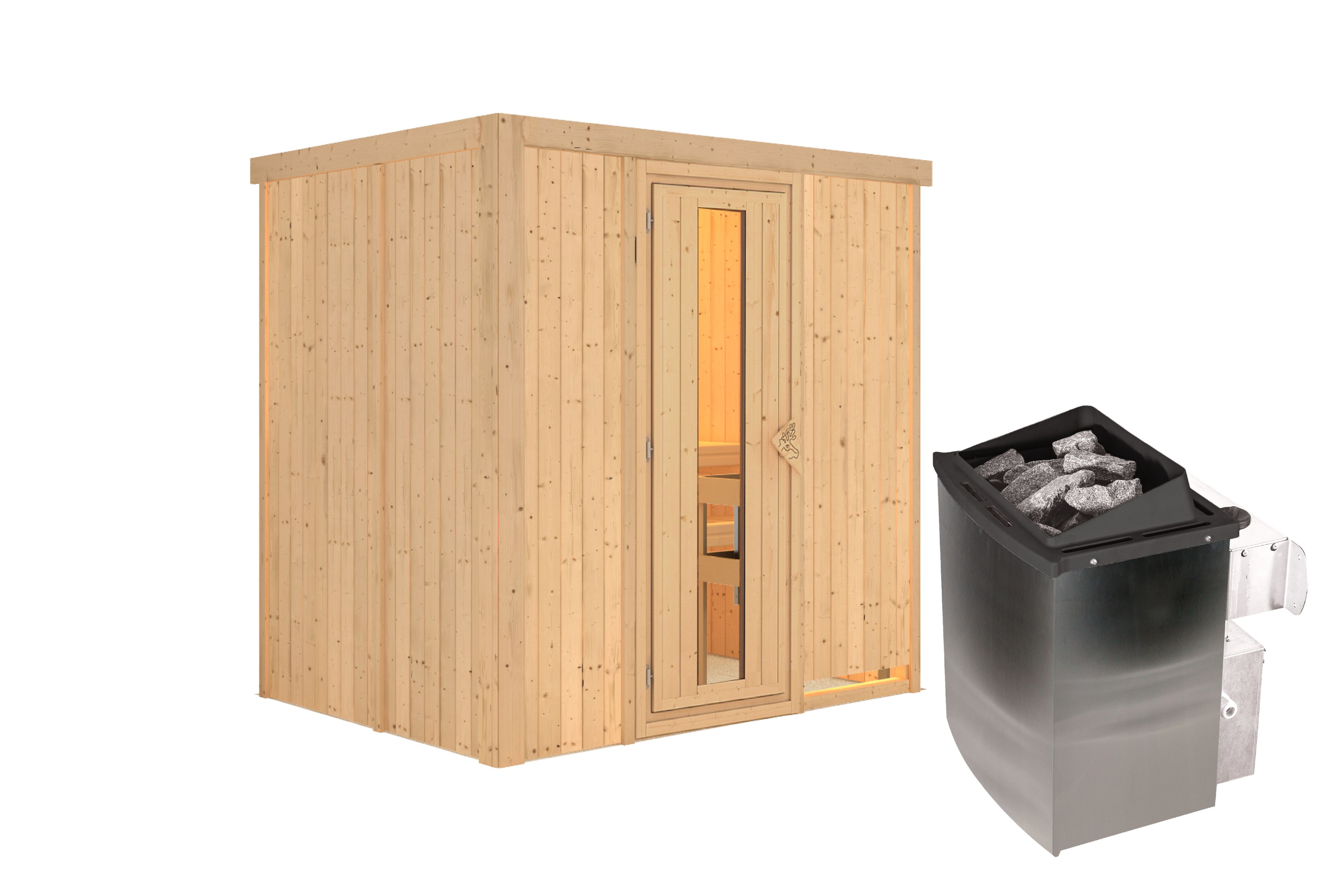 Innenansicht der Karibu Sauna Bodin mit Liegen und Kopfstütze aus hellem Espenholz