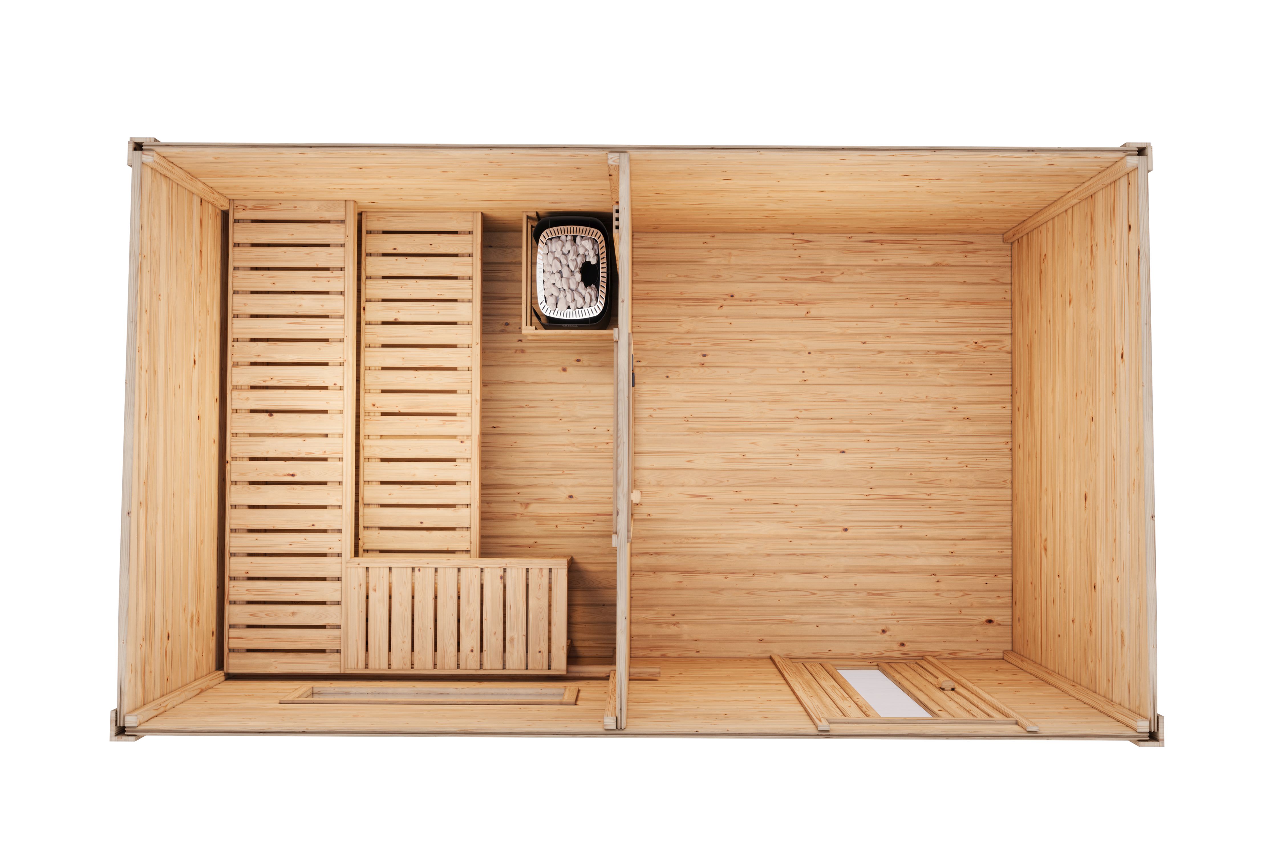 Karibu Saunahaus Hytti 6 als Gartensauna aus Massivholz im Garten mit Glasfront