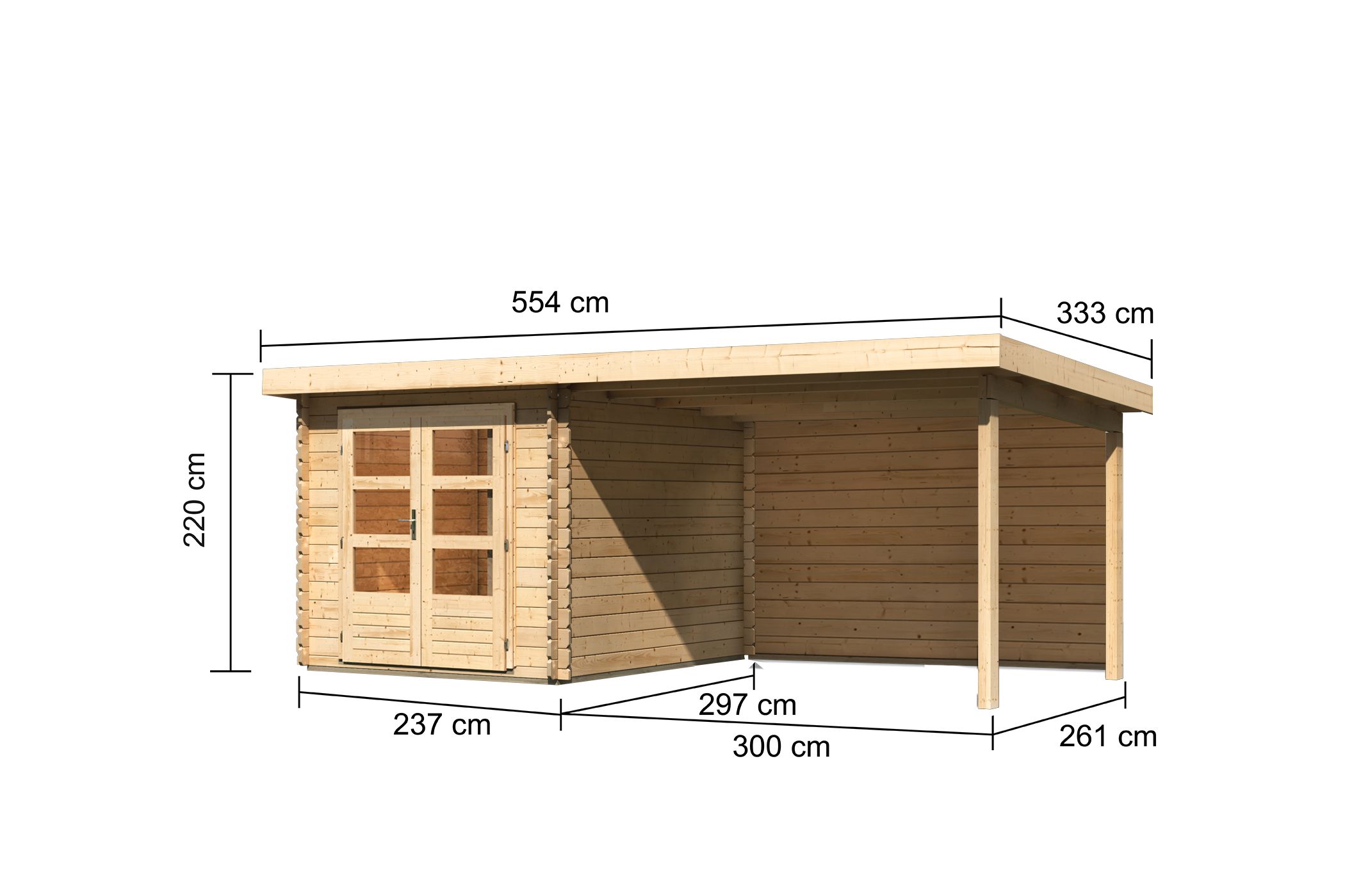 Bemaßte Maßzeichnung des Karibu Gartenhaus Bastrup 4 mit Anbaudach, 554 × 333 cm