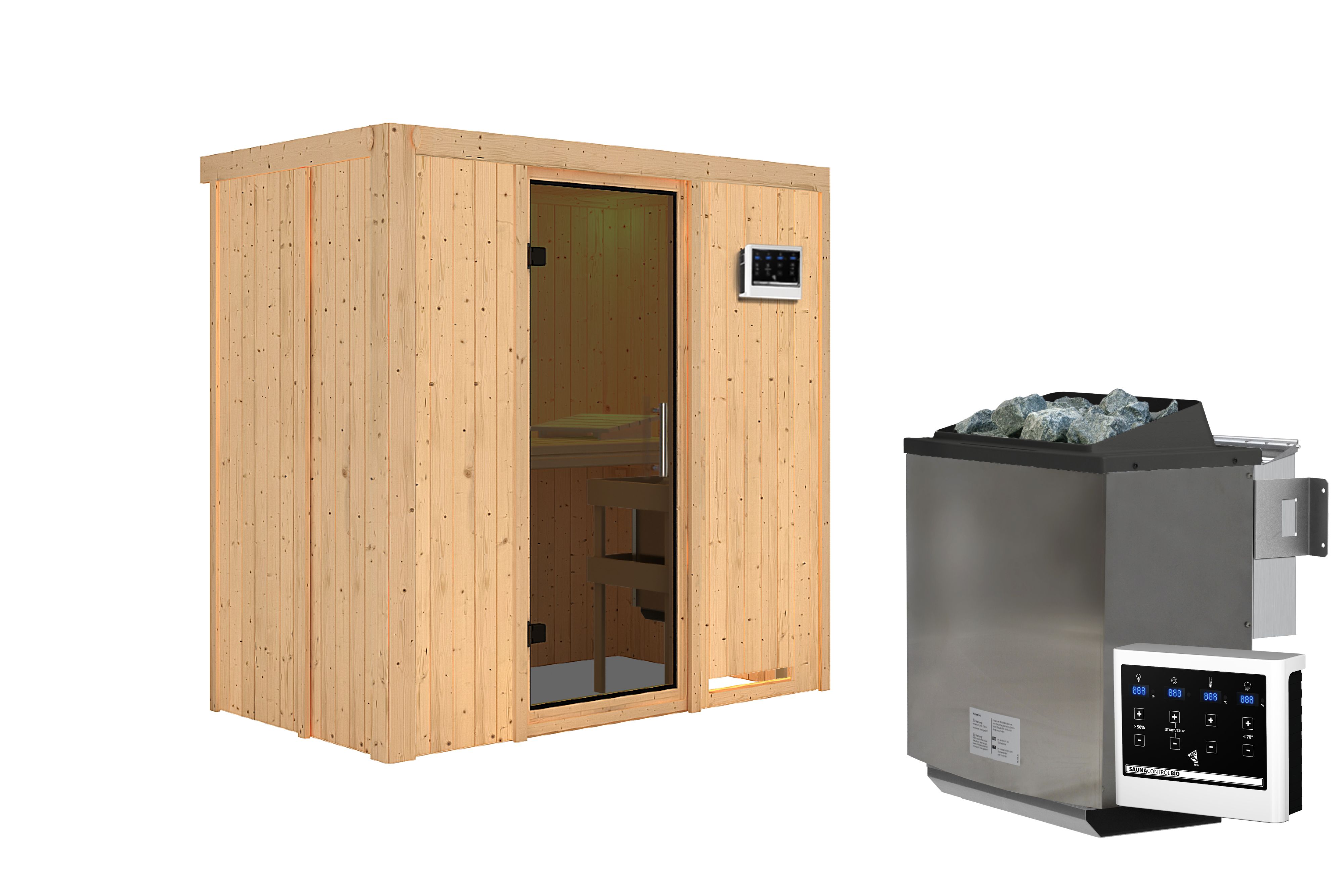 Innenansicht der Karibu Sauna Variado mit Liegen und Kopfstütze aus hellem Espenholz