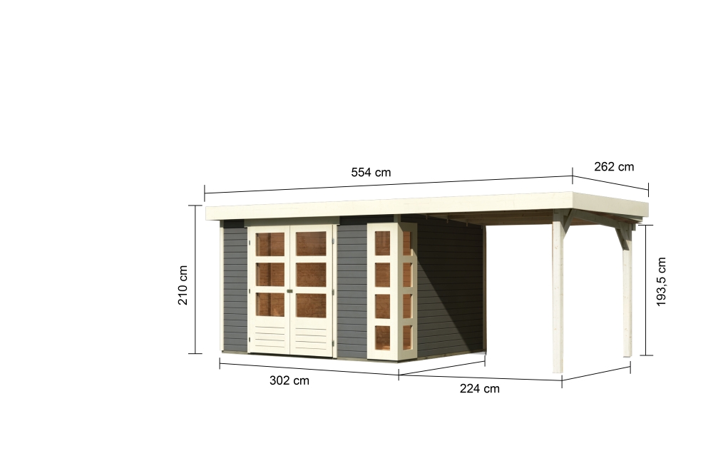 Bemaßte Maßzeichnung des Karibu großes Gerätehaus Kerko 5 mit Anbaudach, 554 × 262 cm
