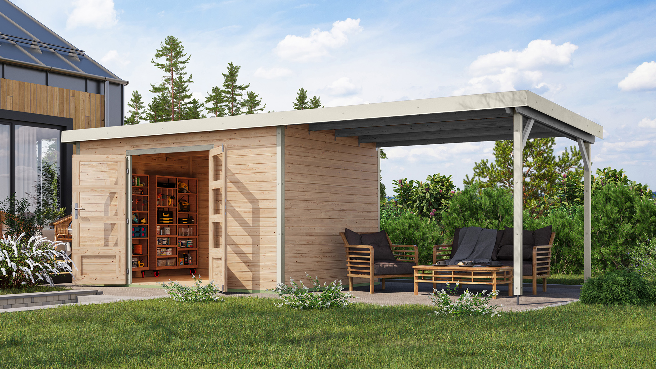Pluto 7 natur mit 3,00 m Anbaudach / Metall: weiß / Lagerabverkauf