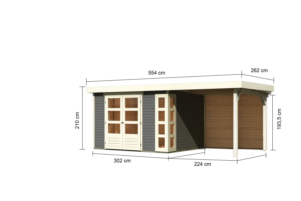 Bemaßte Maßzeichnung des Karibu großes Gerätehaus Kerko 5 mit Anbaudach, 554 × 262 cm