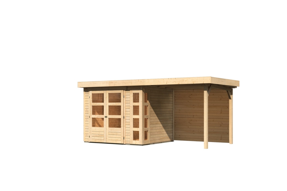 Karibu Gerätehaus Kerko 3 in Naturbelassen und Anbaudach, Freisteller