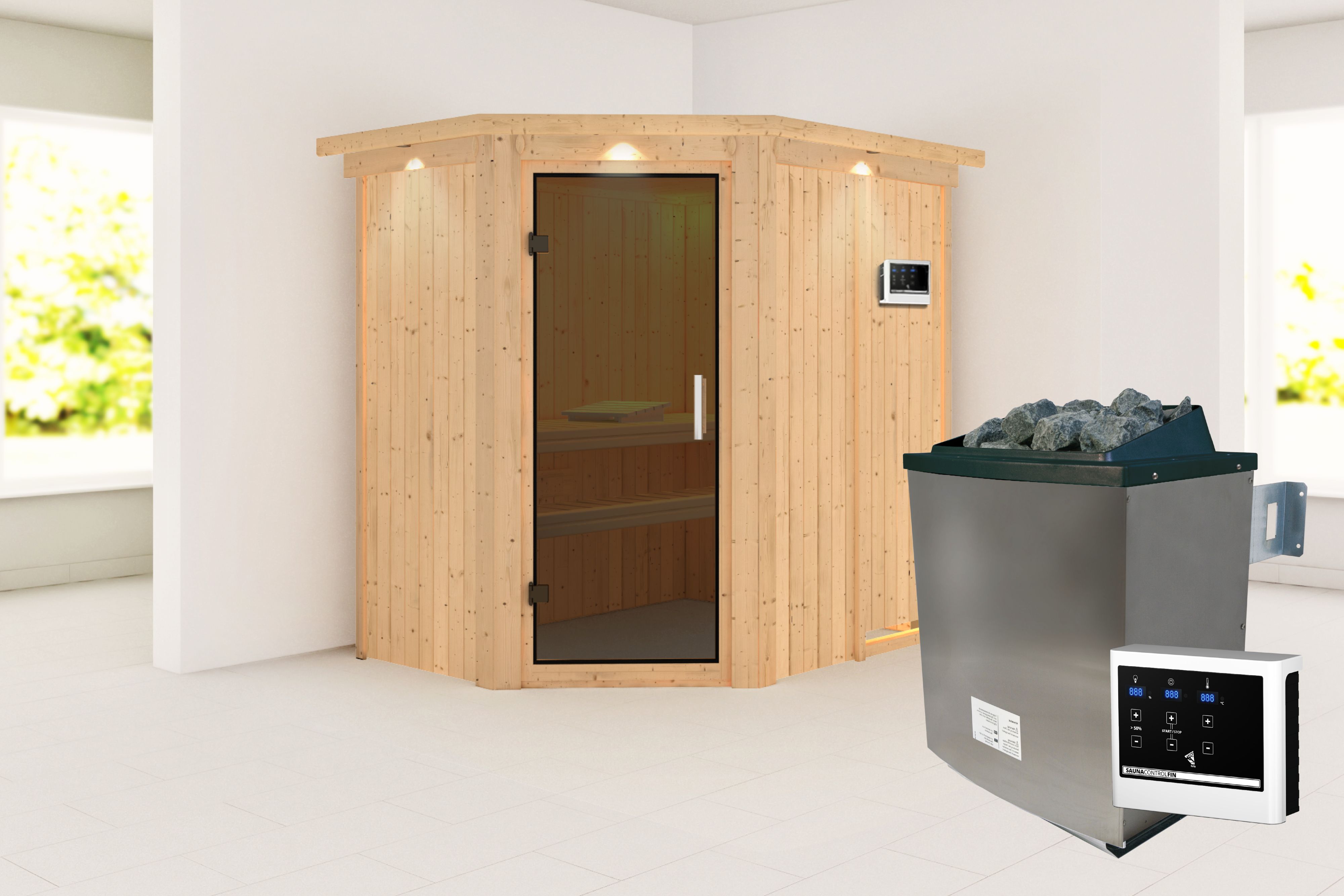 Außenansicht der Karibu Sauna Carin aus nordischer Fichte mit graphitfarbener Ganzglastür und Fronteinstieg