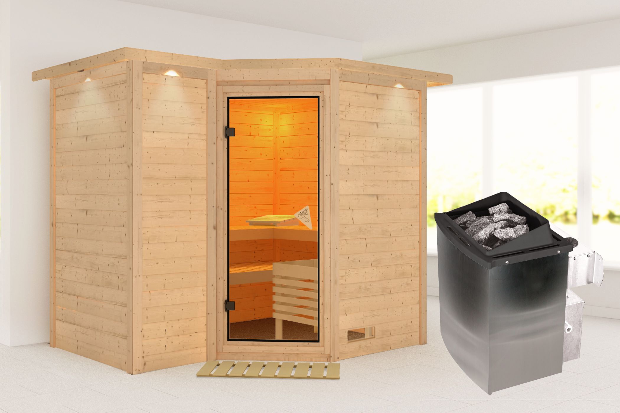 Außenansicht der Karibu Sauna Sahib 2 aus nordischer Fichte mit bronzierter Ganzglastür und Fronteinstieg