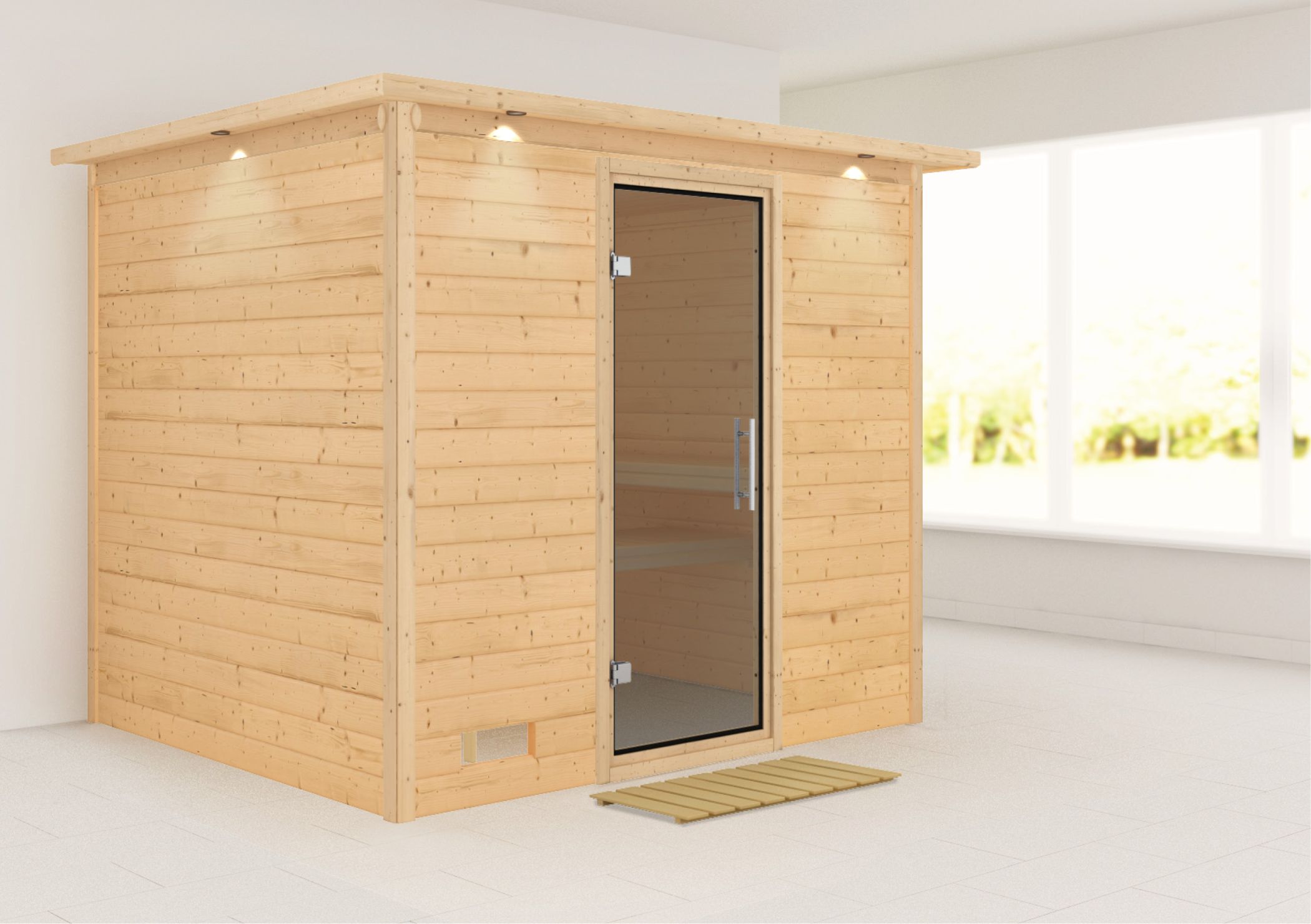 Außenansicht der Karibu Sauna Sonara aus nordischer Fichte mit graphitfarbener Ganzglastür und Fronteinstieg